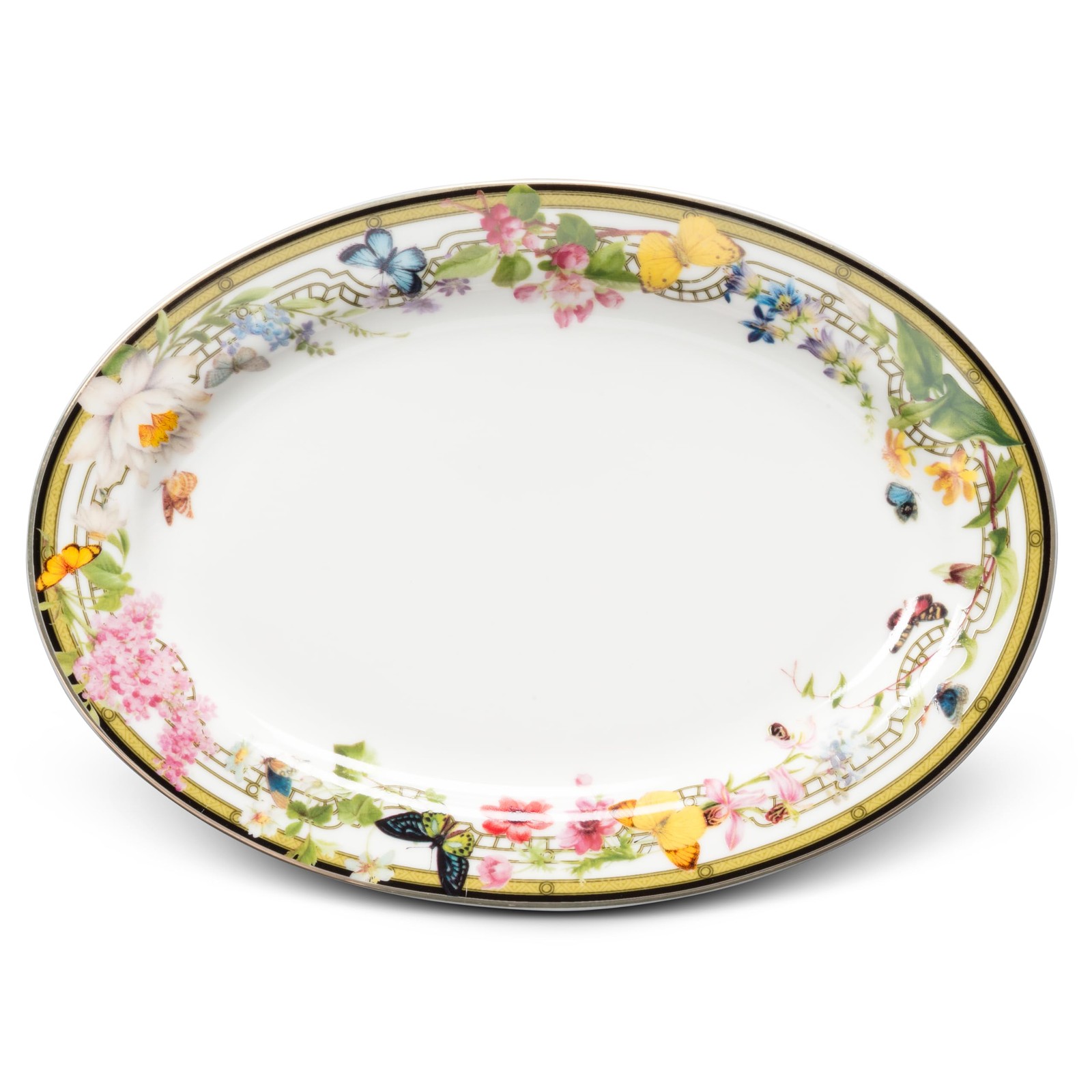 Abbott Collection Butterfly Garden Oval Plate Bone China White/Green 5.5×7.5 in
