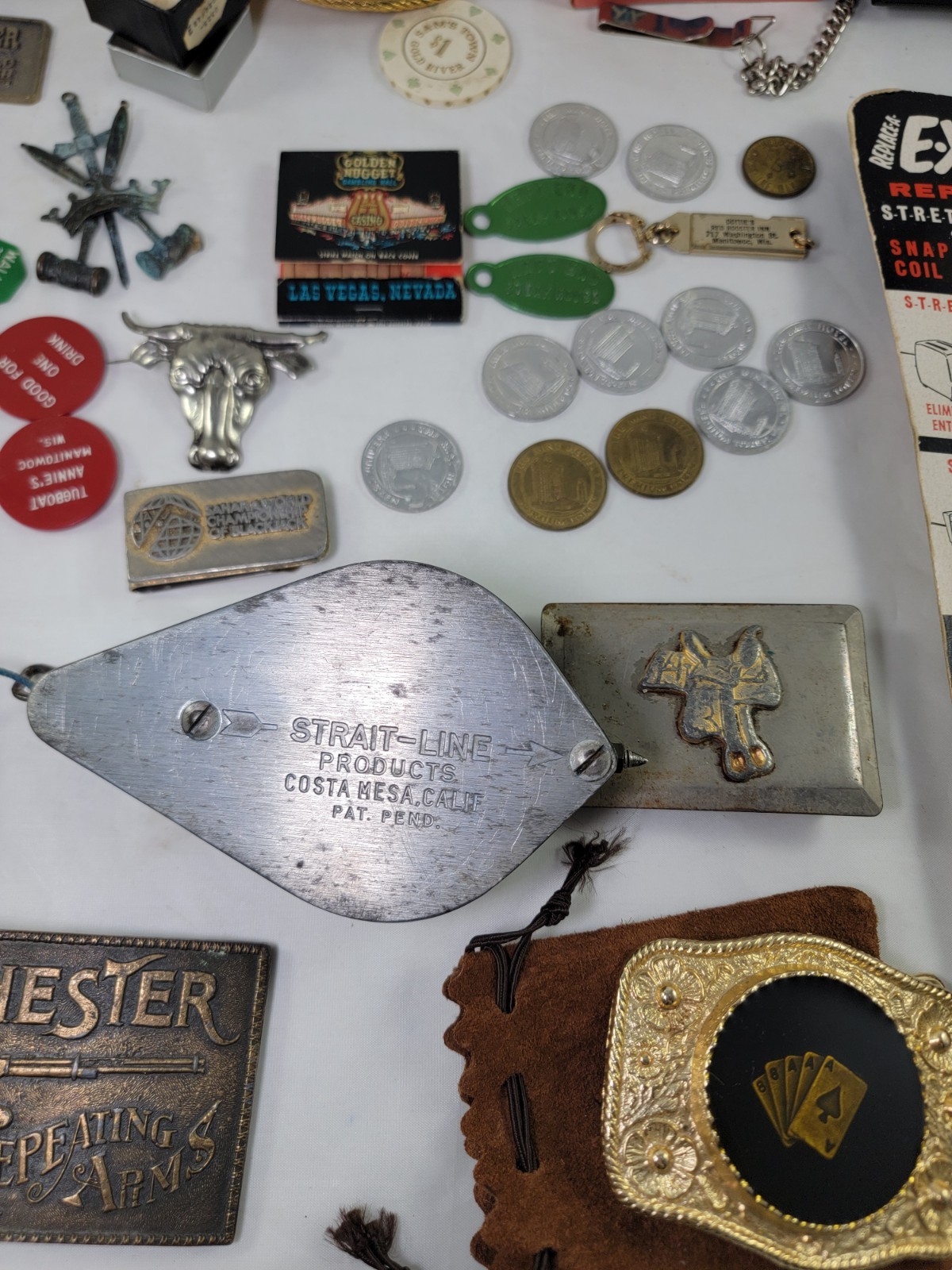 Men’s Estate Junk Drawer Lot Vintage Casino Coin Collectibles Watch Buckles Pins