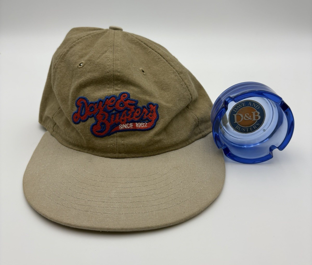 Vintage Dave and Buster Lot – Beige Hat & Blue Ash Tray