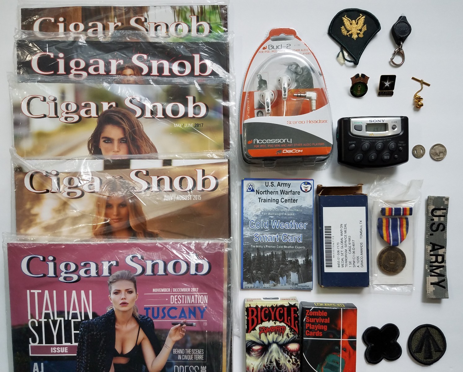 Junk Drawer Lot Army Patches Sony Radio Pins Cards Coins Military Medal Magazine