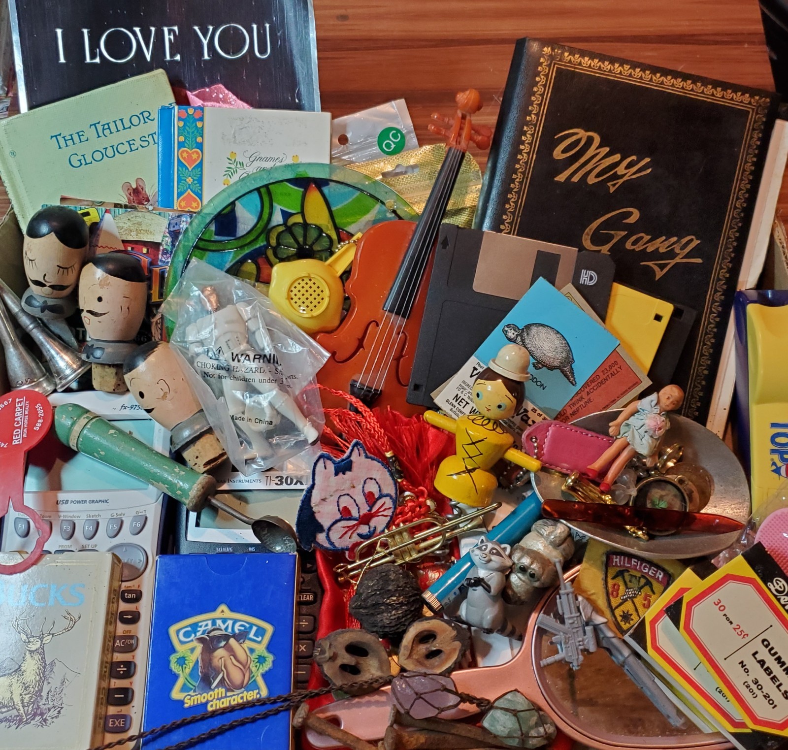 Vintage JUNK DRAWER Lot of TRINKETS & TREASURES Calculators PLAYING CARDS + MORE