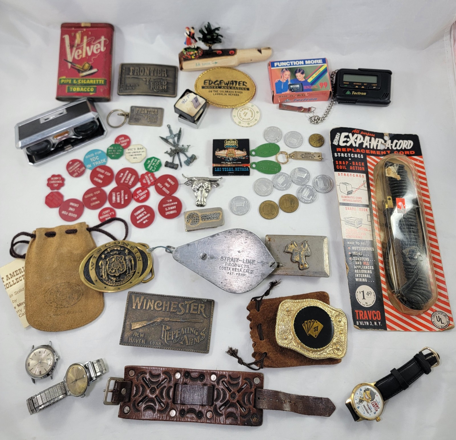 Men’s Estate Junk Drawer Lot Vintage Casino Coin Collectibles Watch Buckles Pins