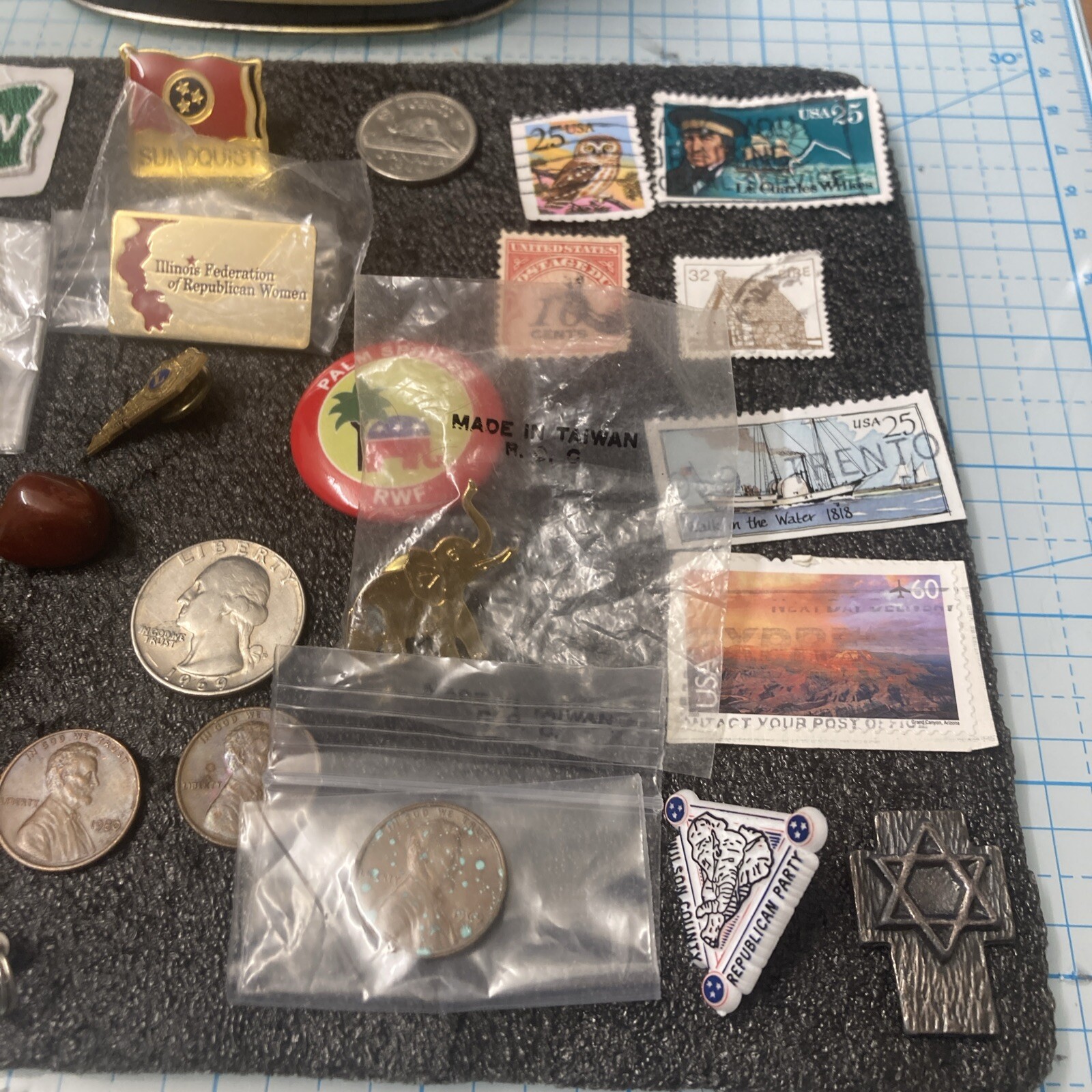 USED Mixed Vintage Tin Lot w/US Coins/US Stamps/Pins/Knife/Patch etc. NICE! LOOK