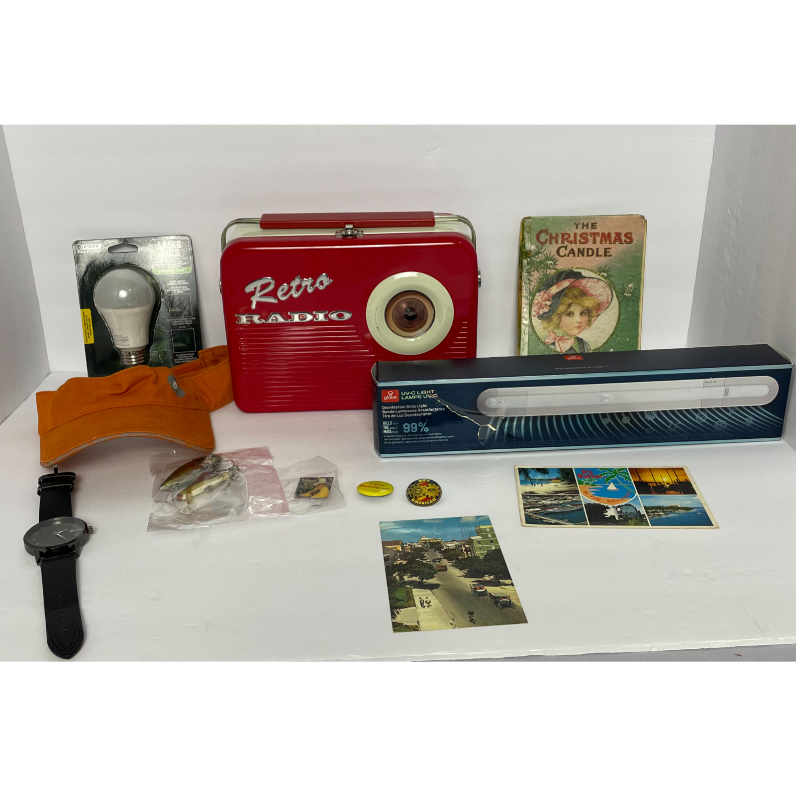 Vintage Collectible Junk Drawer Lot Retro Radio Lunch Box Nike Visor Pins Lures