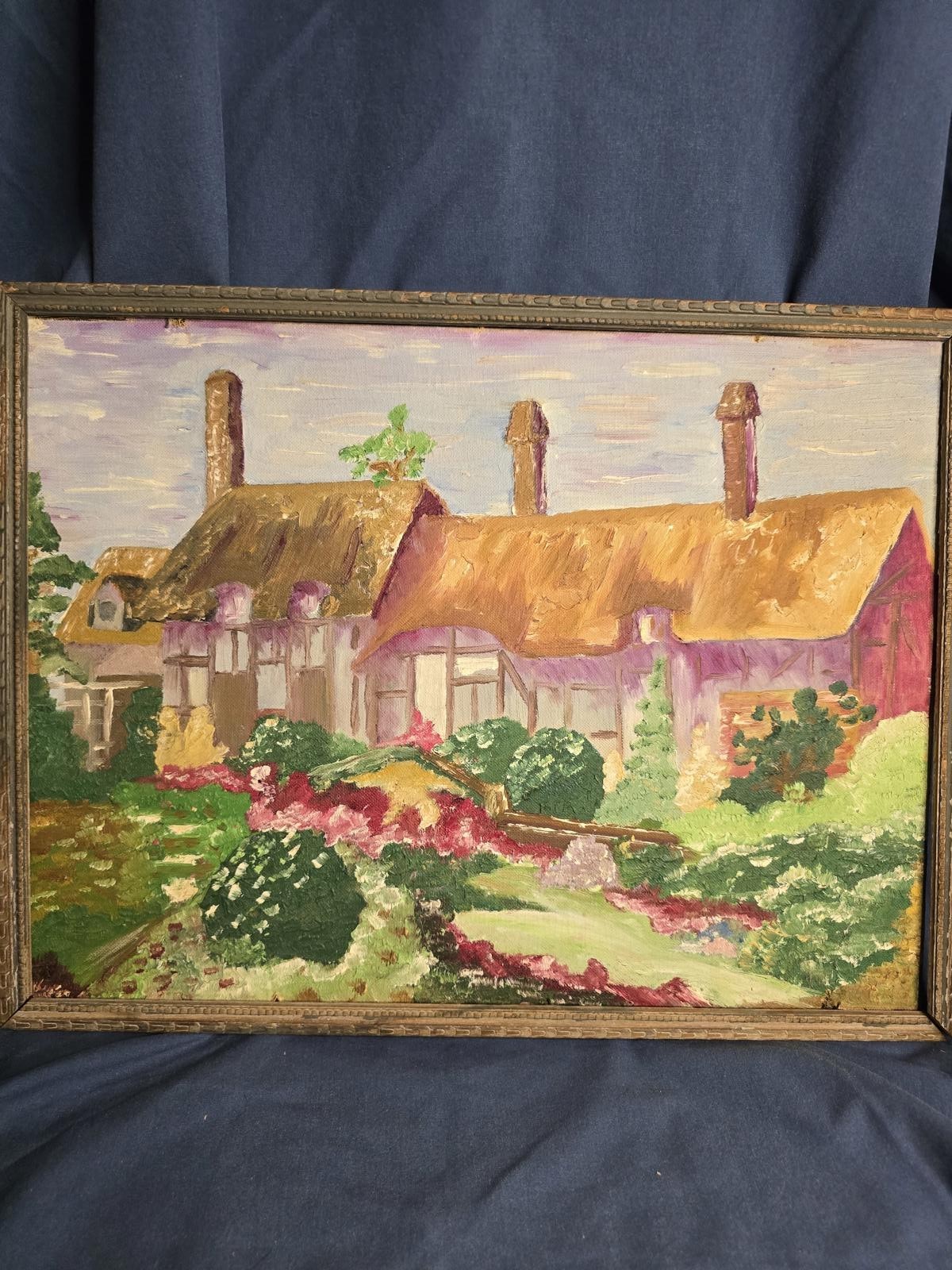 Mid Century Oil Painting Cottage Landscape Vintage Frame
