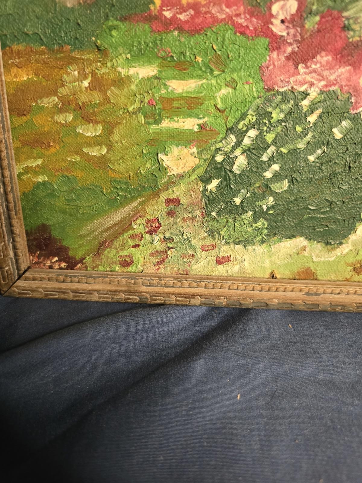 Mid Century Oil Painting Cottage Landscape Vintage Frame