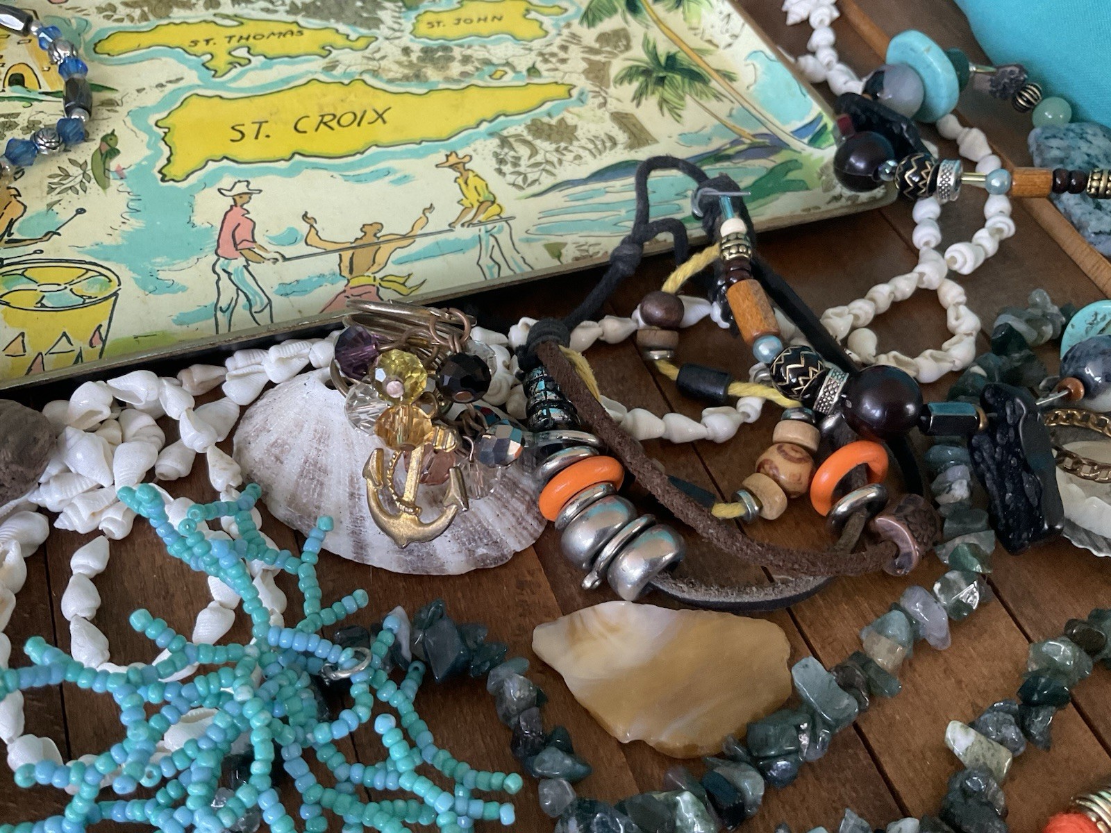 Vintage junk drawer LOT Island Caribbean Souvenirs Jewelry Doll stones coins