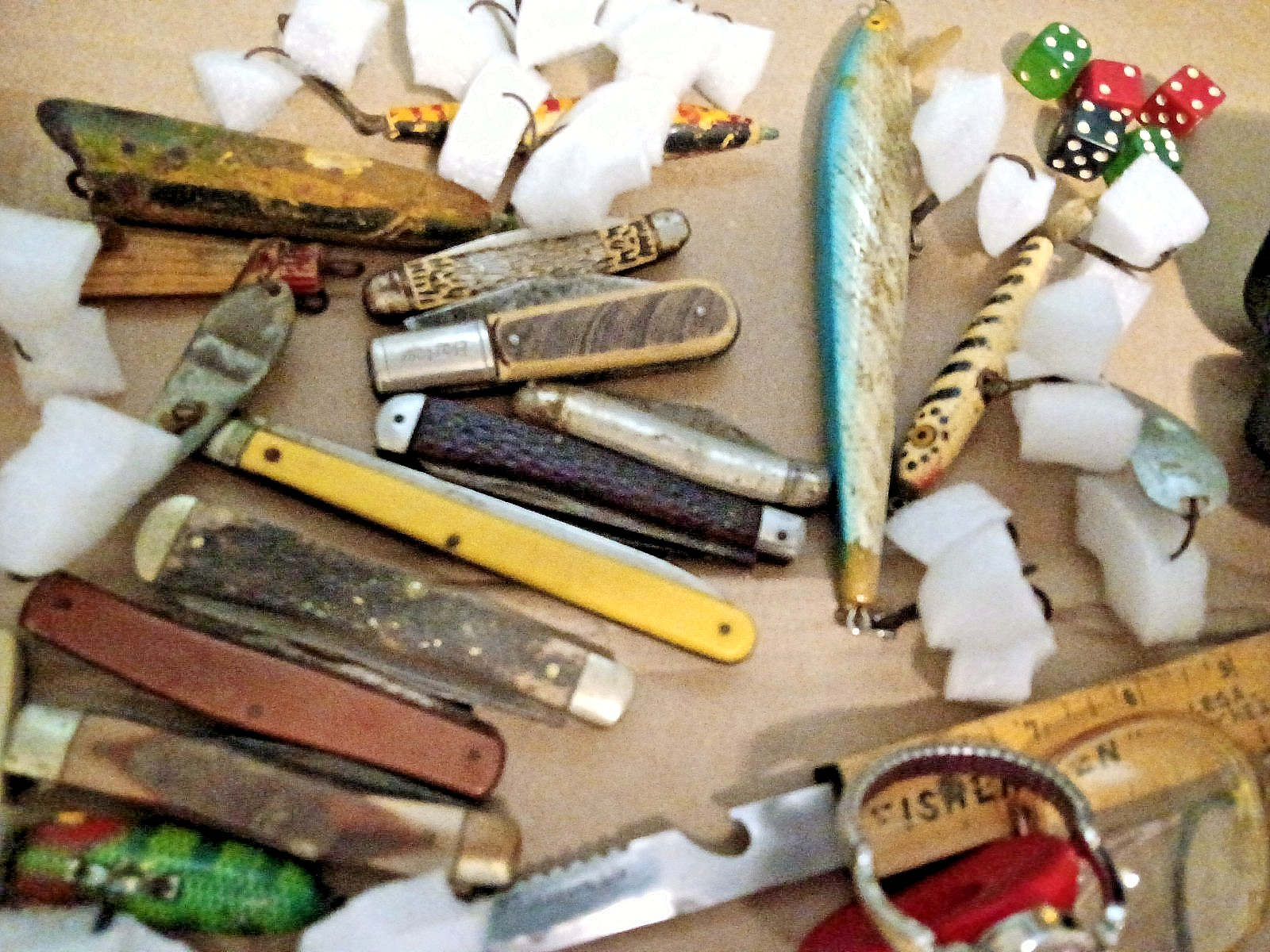 Junk Drawer Lot Vintage & Modern Lures Knives Tobacciana Ephemera Eyeglasses etc