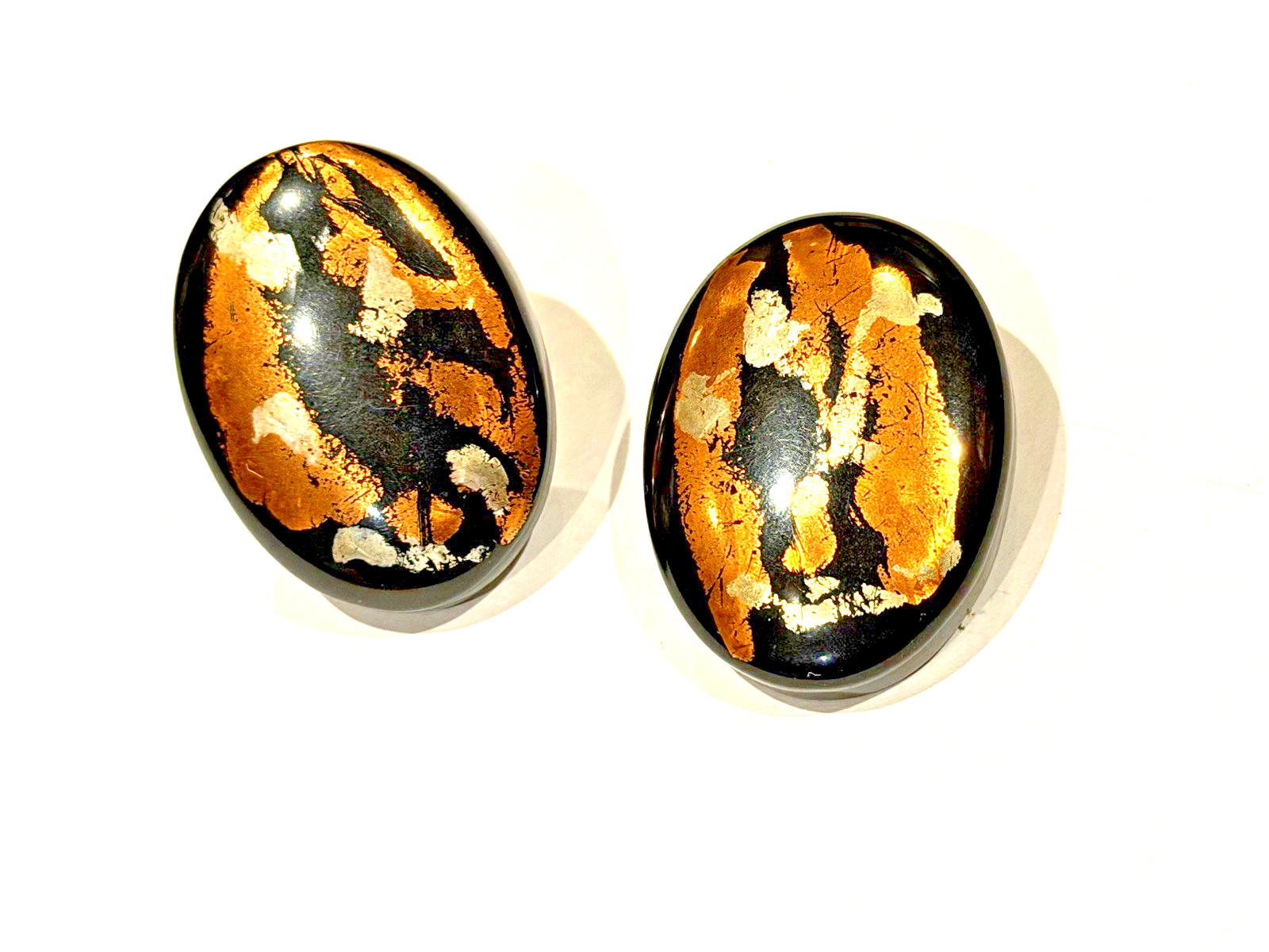 BLACK LACQUER GOLD LEAF FOIL SILVER COPPER RHINESTONE CLIP ON EARRINGS MCM LOT 3