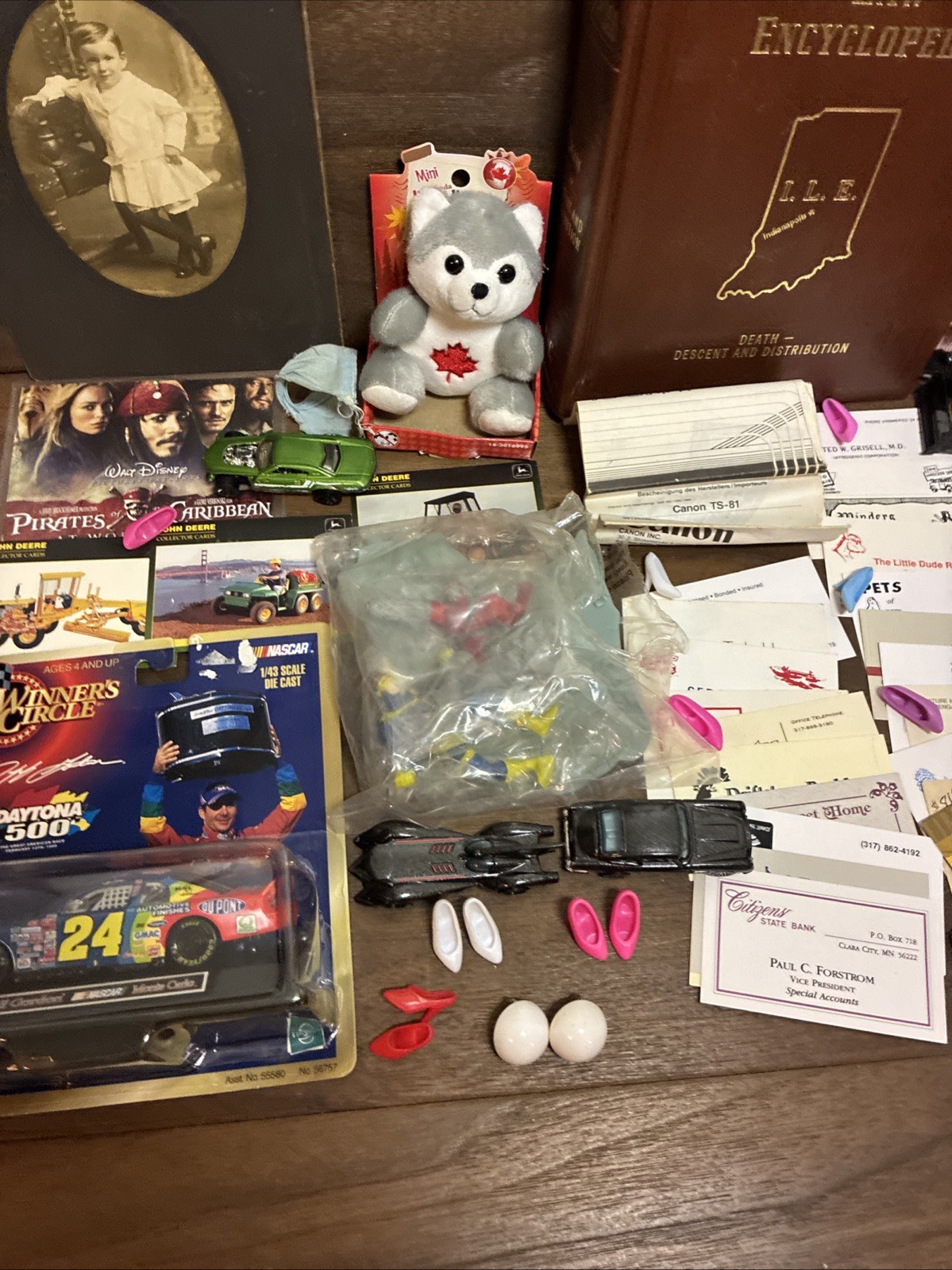 Vintage Junk Drawer lot Photo Book Record Toys Hat