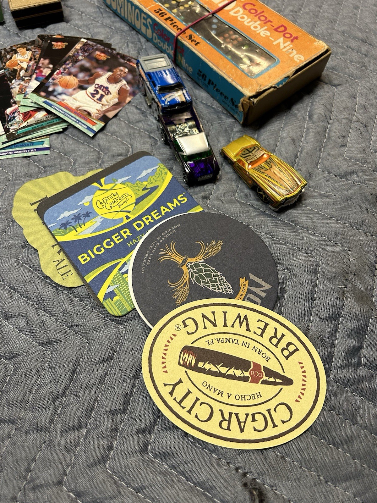 Junk Drawer Lot, Vintage Dominoes, Beer Bucket, Basketball cards, Brewery hat