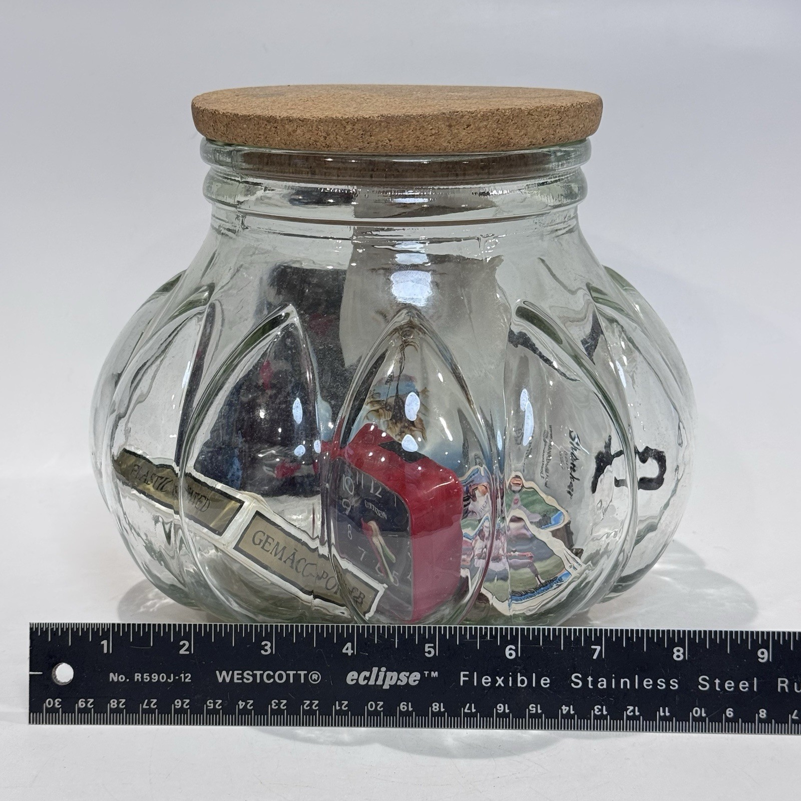 Vintage Curated Lot in Glass Jar w Cork Lid Cards Cracker Jack Bottle Caps Socks