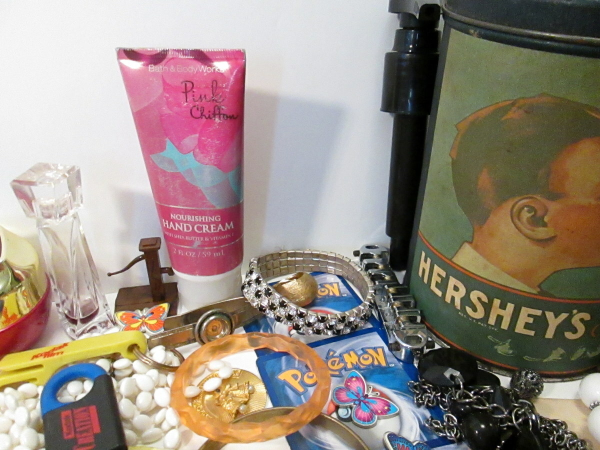 Vintage to Now Junk Drawer Lot Jewelry Pokemon Japan Tin Canister Pins etc
