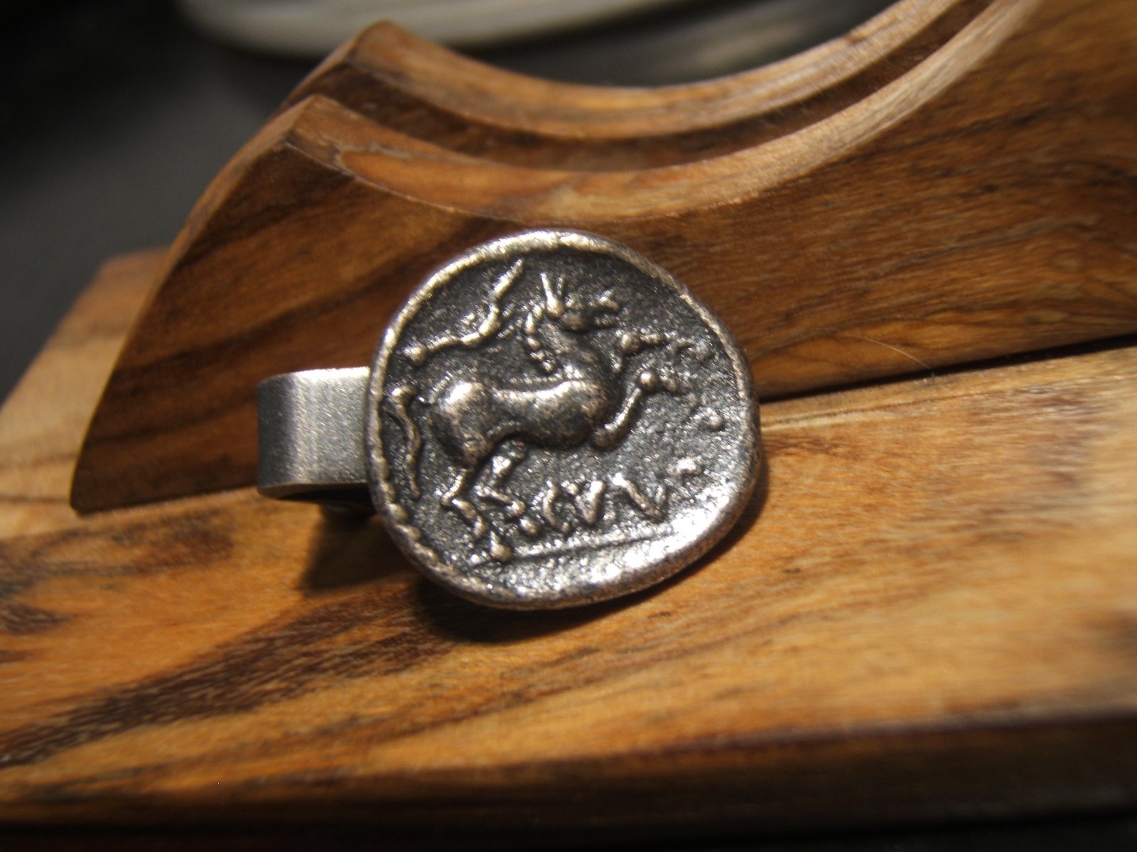 GREEK – ROMAN COIN “HORSE -GOD” Tie Clasp 16 mm wide Pewter/silver