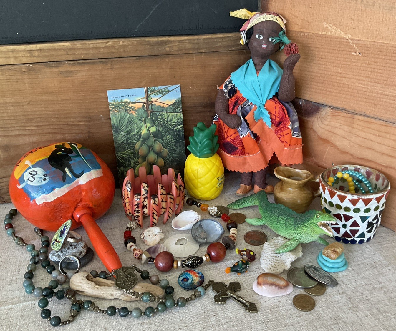 Vintage junk drawer LOT Island Caribbean Souvenirs Jewelry Doll stones coins