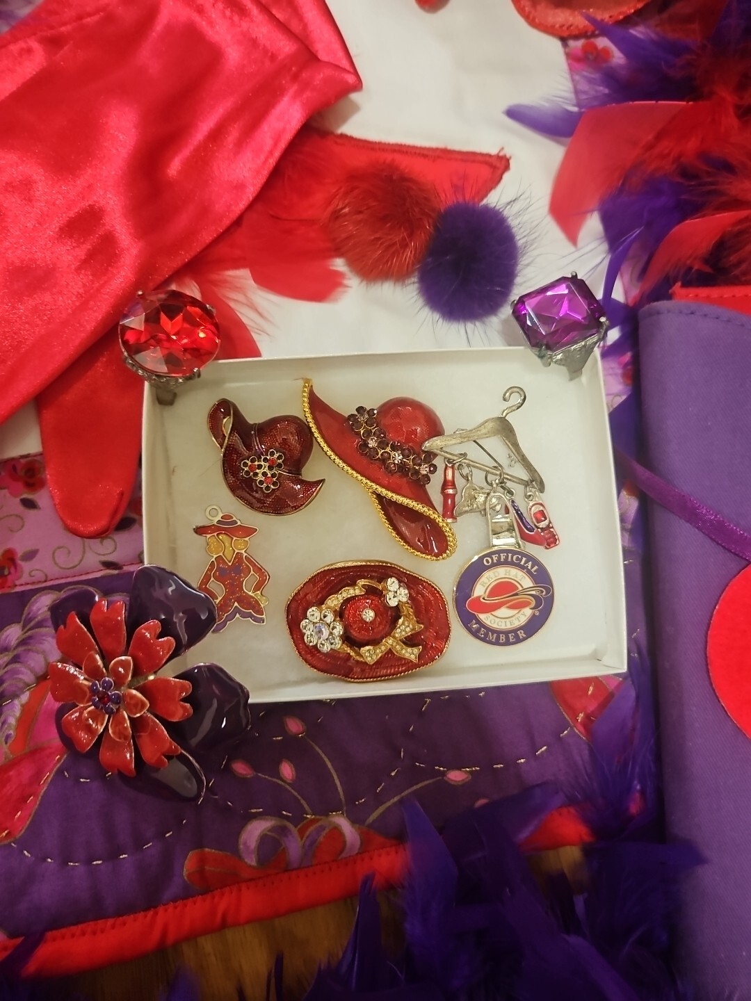Huge Lot Red Hat Society Jewellry Pins Ornaments Feather Boas Handbags Doll