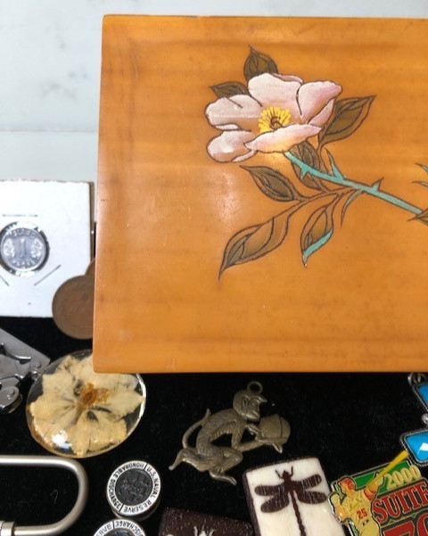 Junk Drawer Lot estate coins keychains pins box keys brass belt buckle stamps