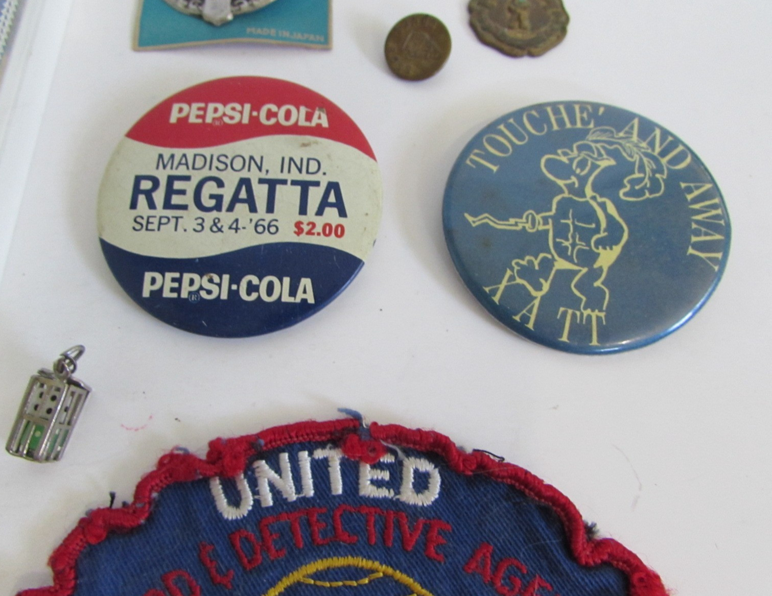 Junk Drawer Lot Goldwater Pins Masonic Detective Patch Chi Alpha Black Americana