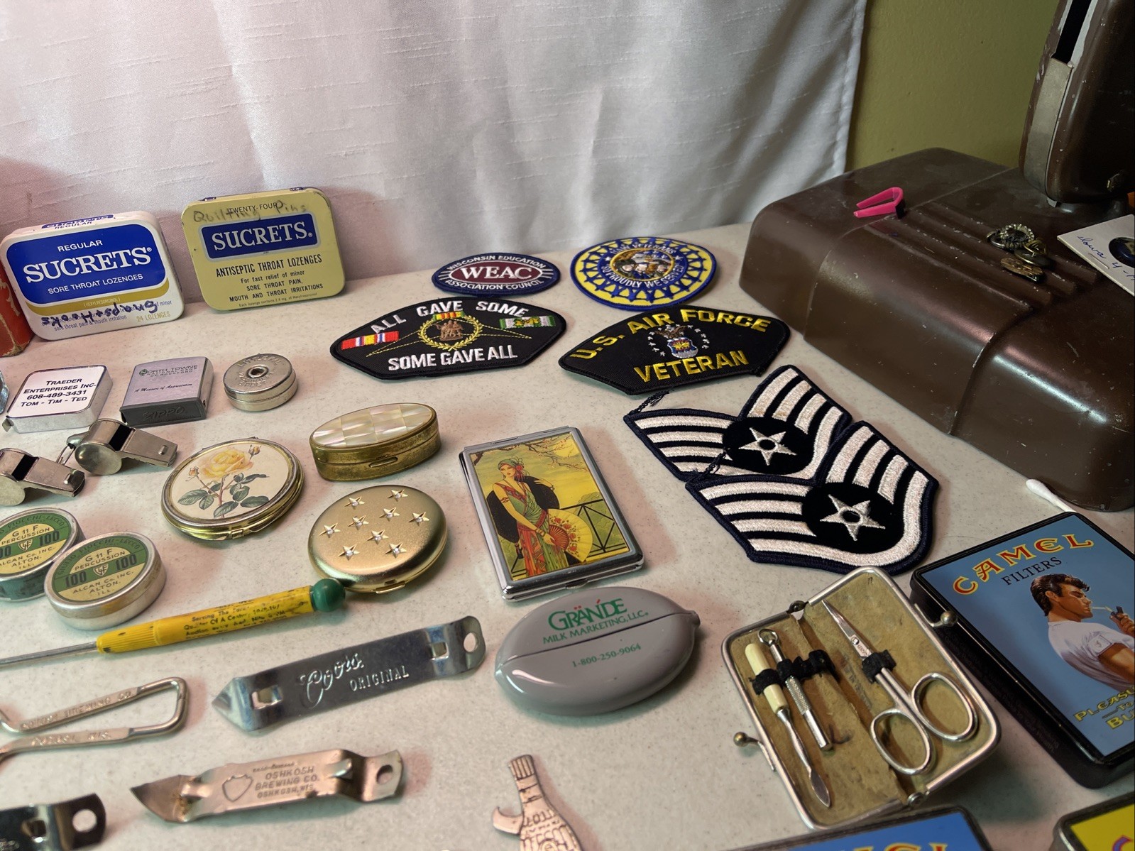 VINTAGE JUNK DRAWER LOT KNIVES, HARMONICA JEWELRY ADVERTISING SCOUTS WHEAT PENNY