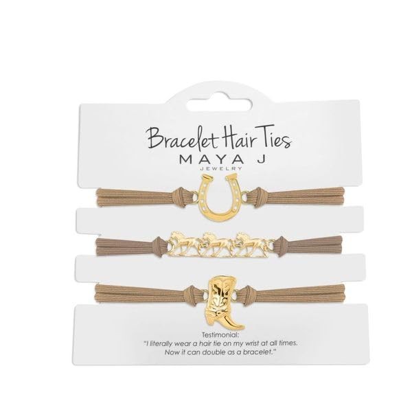 Maya J Western Hair Tie Bracelets, 3 Pack with Horseshoe & Boot Designs, Beige