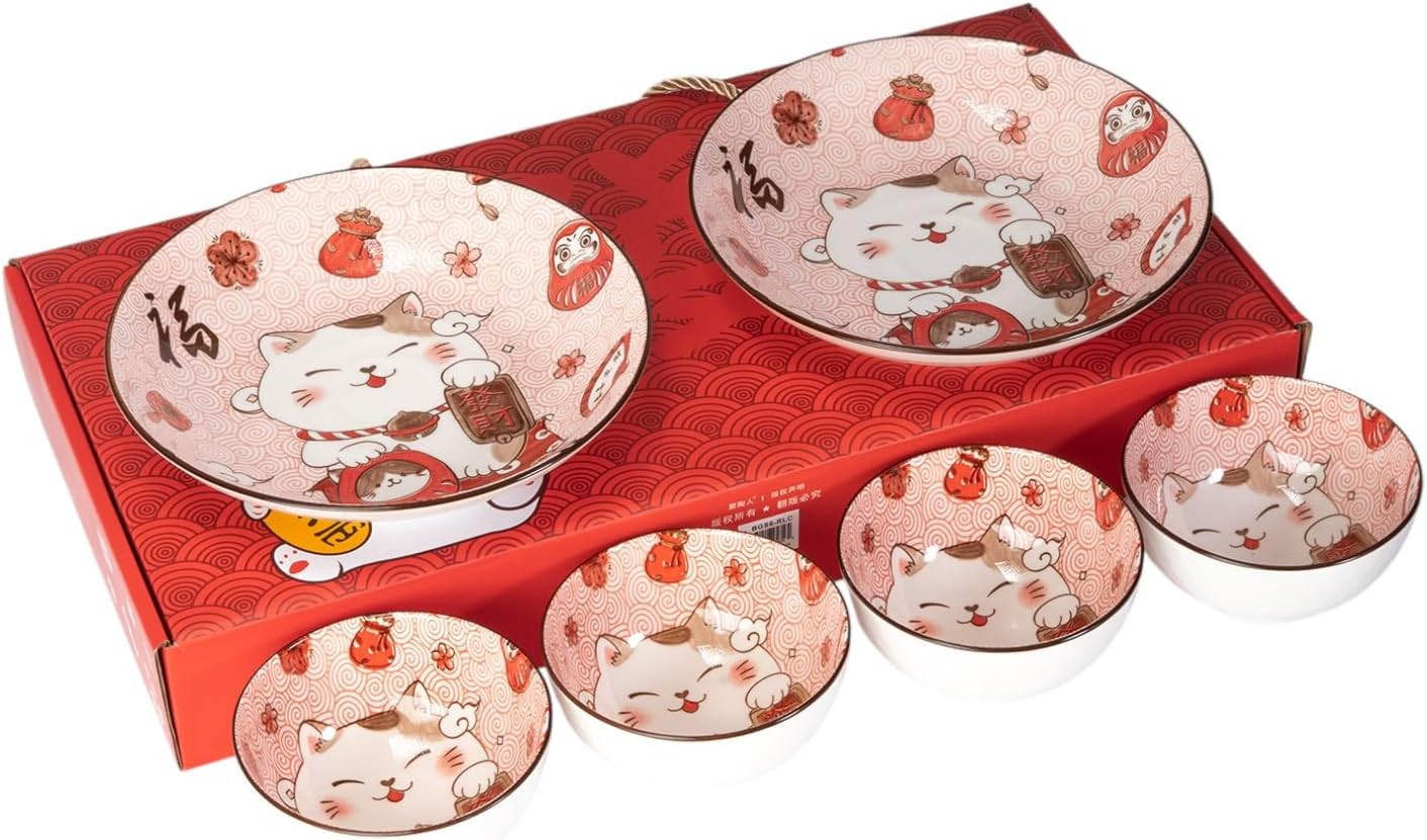 Lucky Cat Dinnerware Set – 6 Piece Tableware with Bowls & Plates in Gift Box