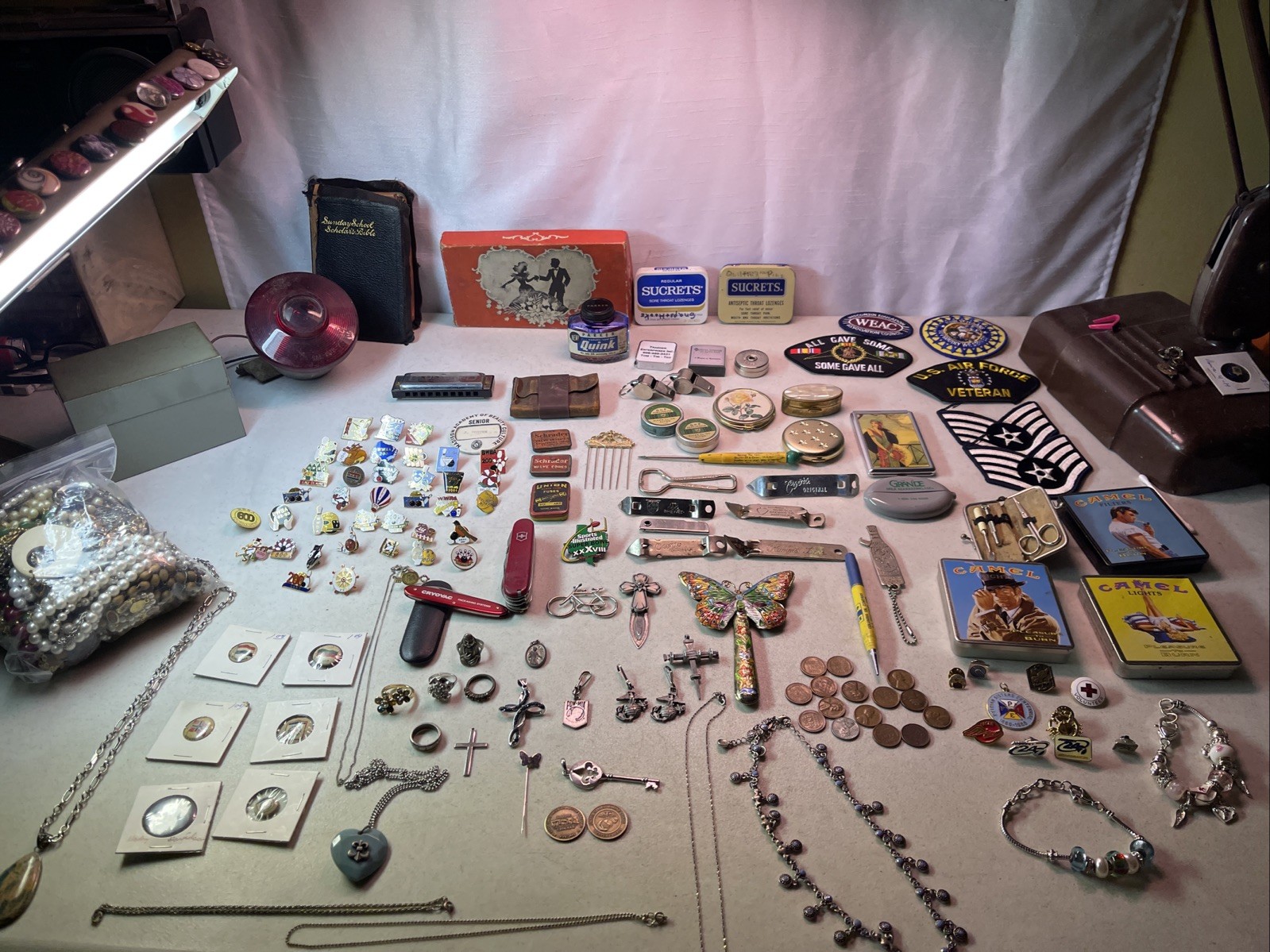 VINTAGE JUNK DRAWER LOT KNIVES, HARMONICA JEWELRY ADVERTISING SCOUTS WHEAT PENNY