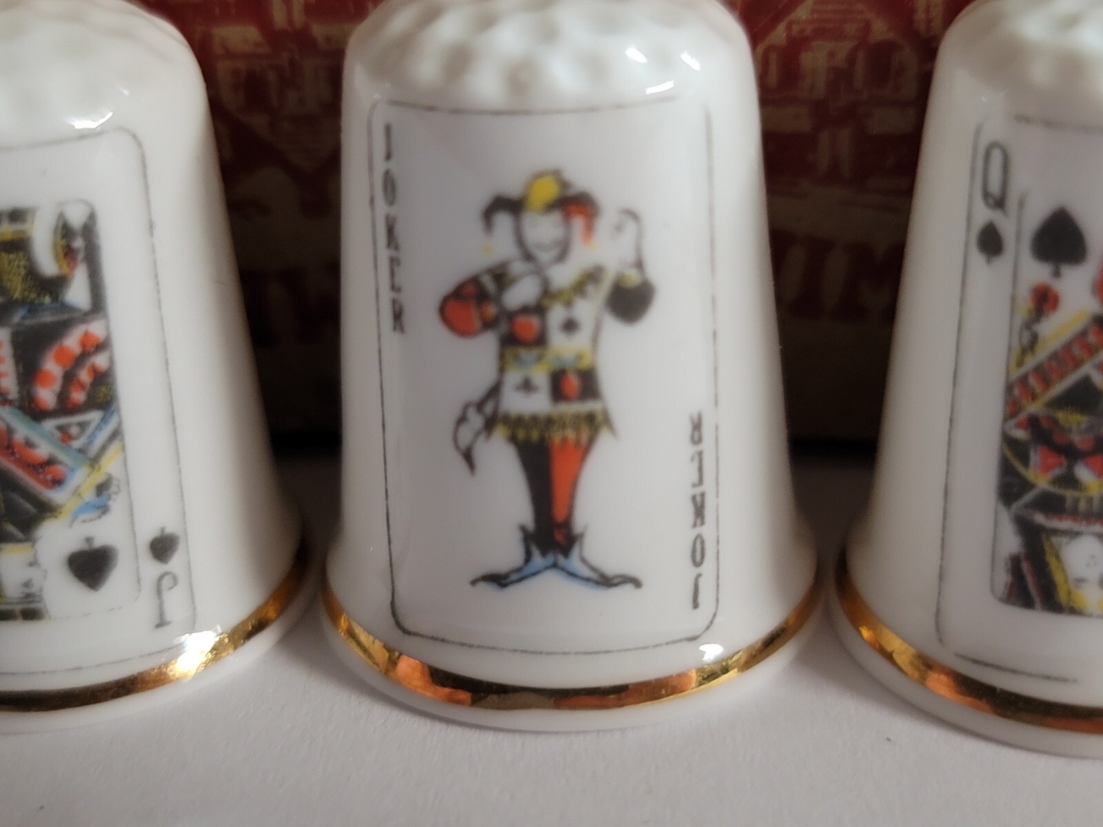 NEW SET OF 4 KING QUEEN JACK JOKER SPADES GIMBELS THIMBLES FINE BONE CHINA UK