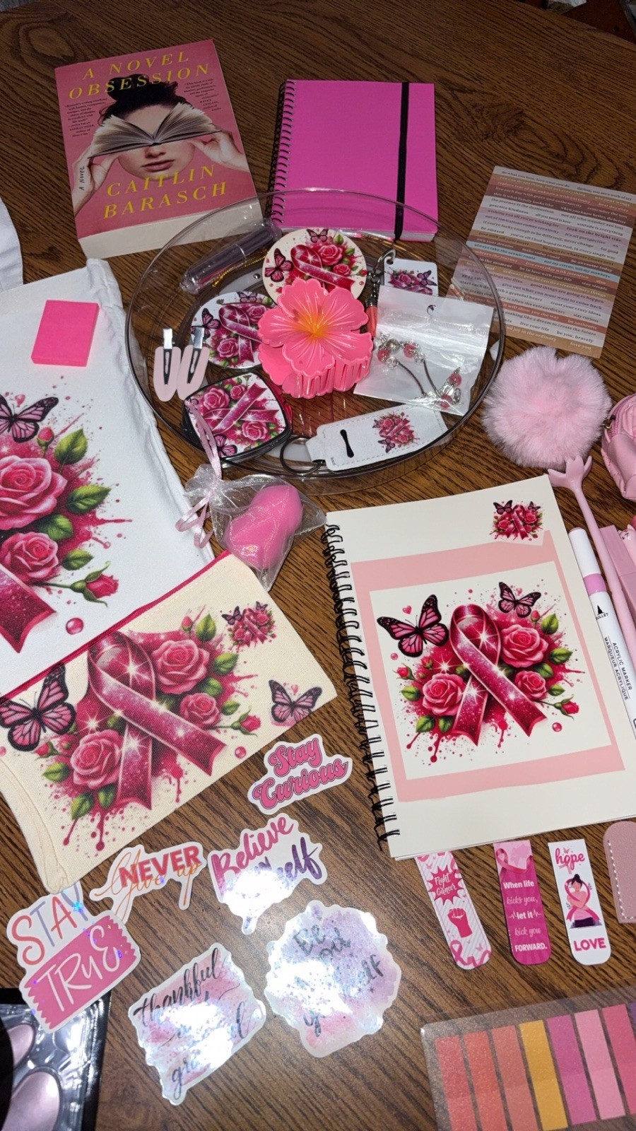 Breast Cancer Awareness Pink Ribbon Gift & Stationery Lot Tote Bag Pens Notebook