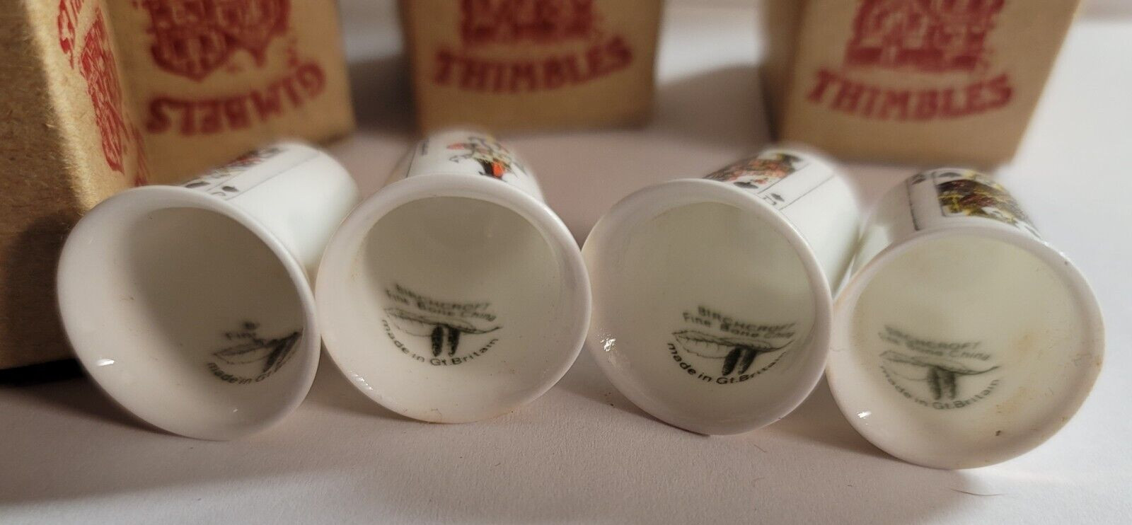 NEW SET OF 4 KING QUEEN JACK JOKER SPADES GIMBELS THIMBLES FINE BONE CHINA UK