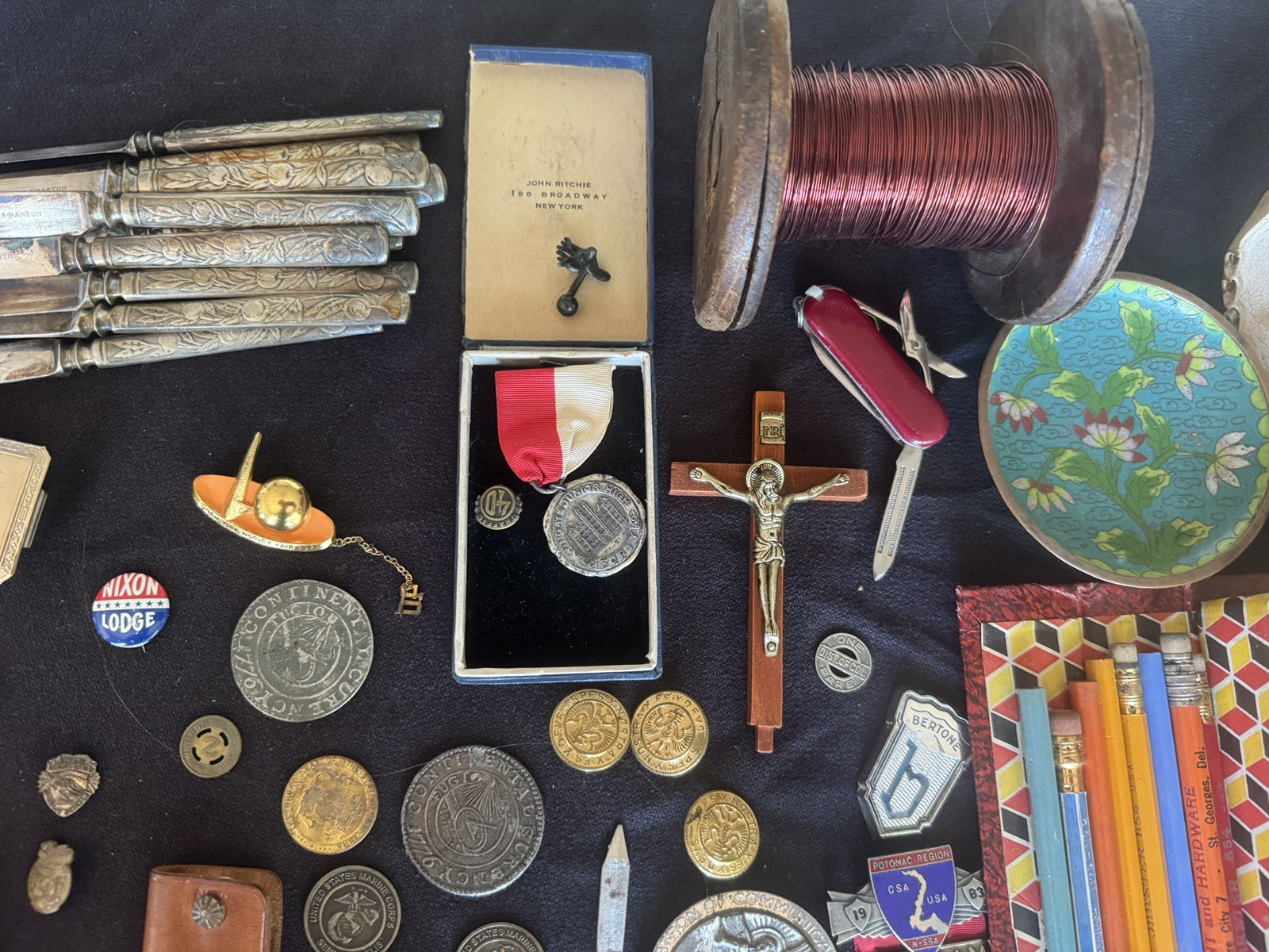 Mens Vintage Junk Drawer Advertising Pencils Worlds Fair Pin Tin Harmonica Coins