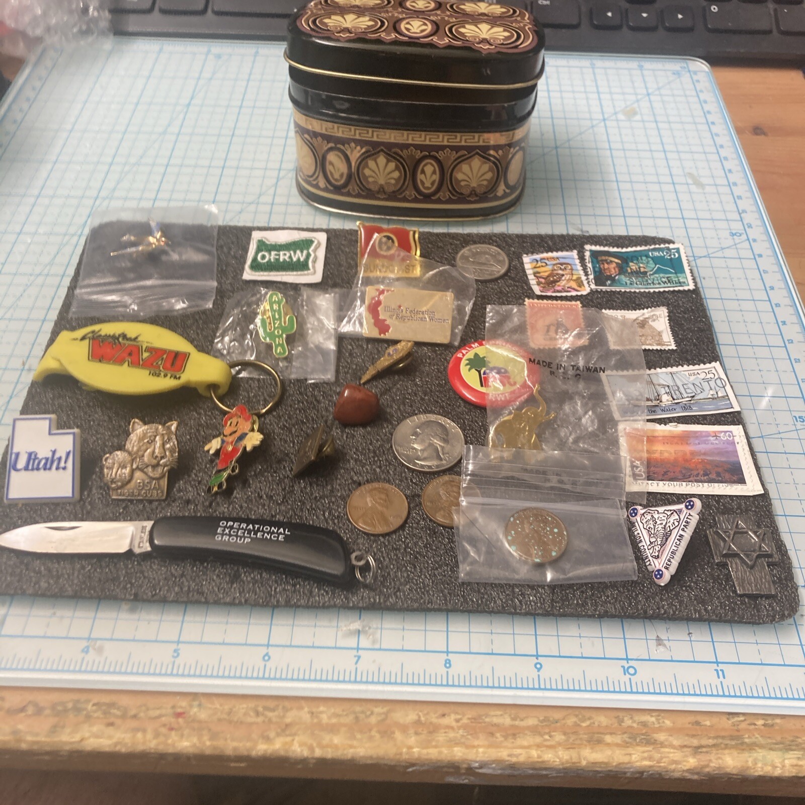 USED Mixed Vintage Tin Lot w/US Coins/US Stamps/Pins/Knife/Patch etc. NICE! LOOK