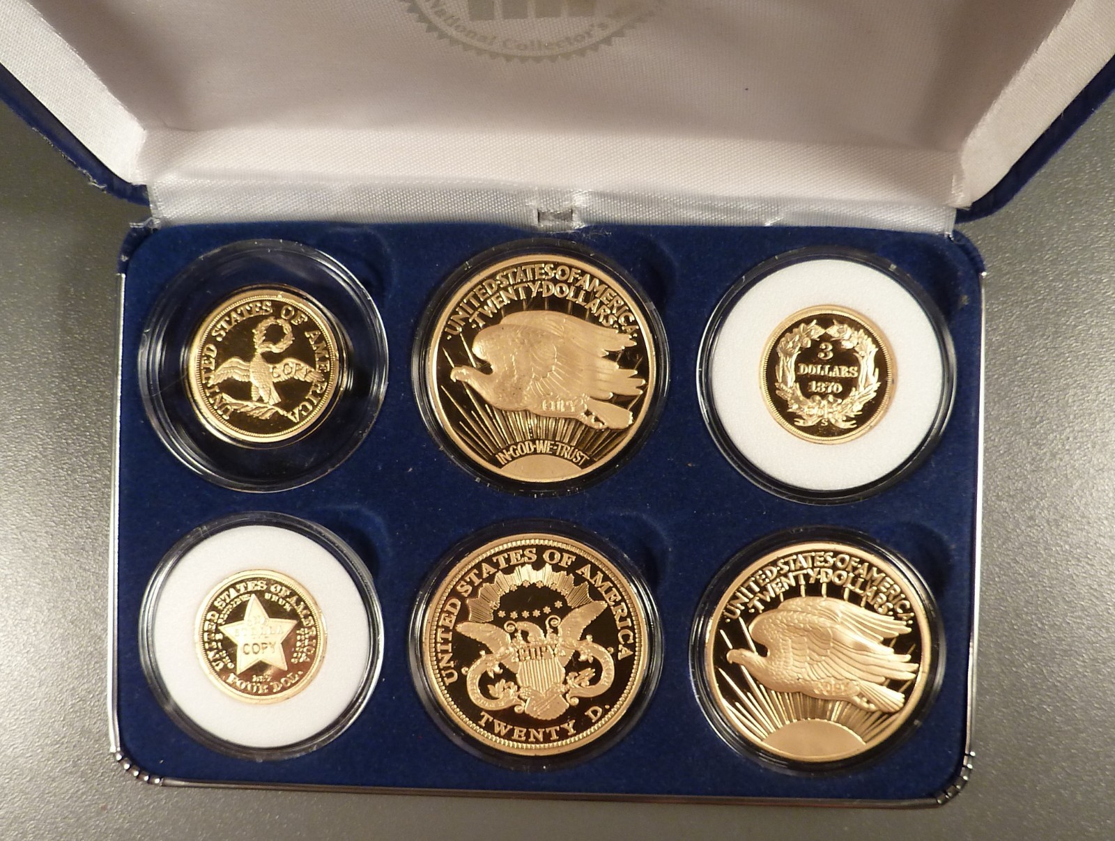 6 pc Gold Proof Set (stamped COPY), with 24K Gold Overlay, Nat Collectors Mint.