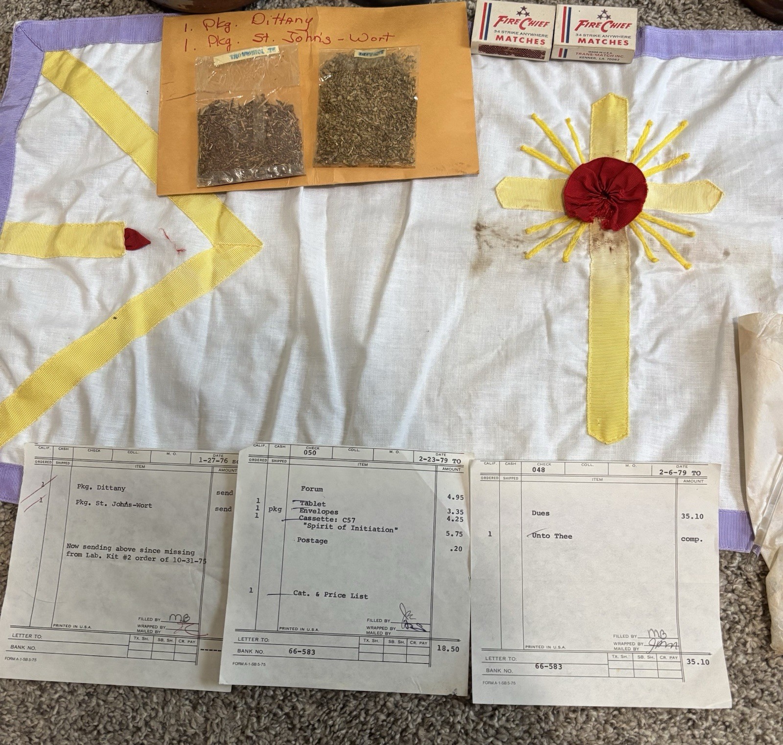 Vintage Rosicrucian Amorc home sanctum altar ritual kit cloth candlesticks etc.