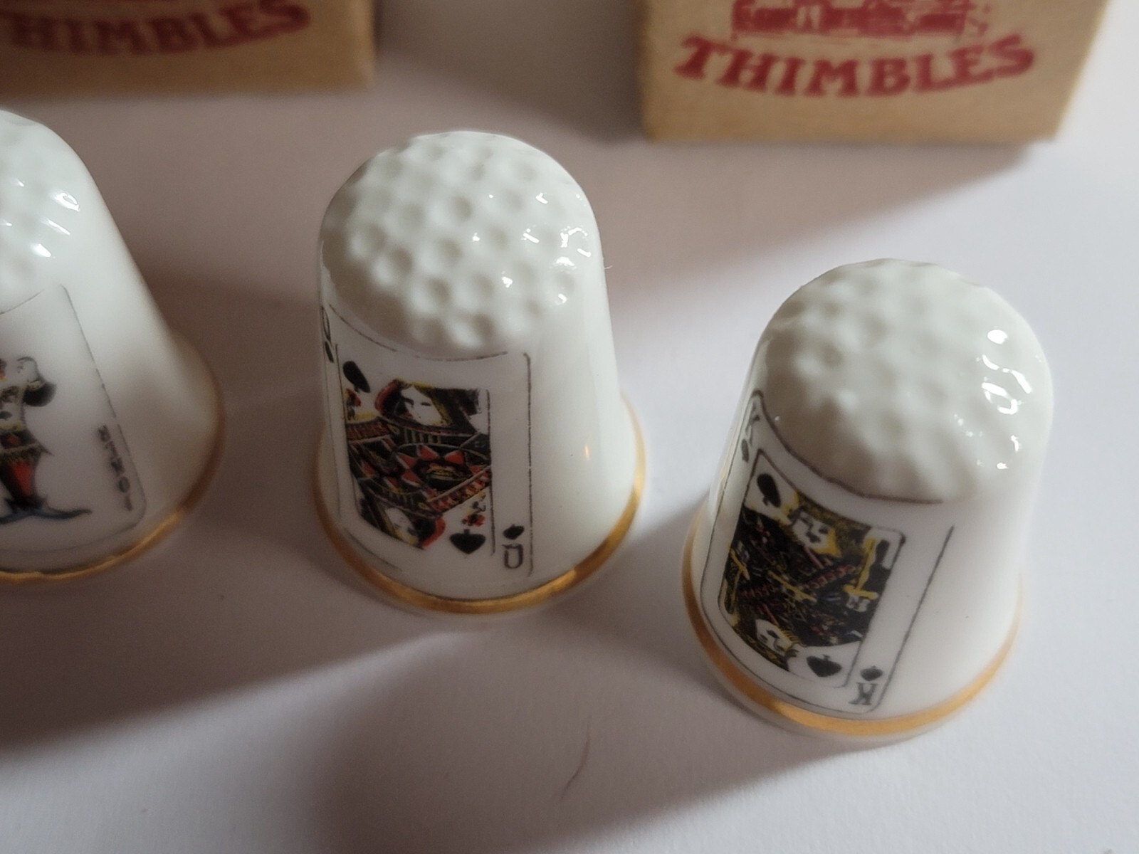 NEW SET OF 4 KING QUEEN JACK JOKER SPADES GIMBELS THIMBLES FINE BONE CHINA UK