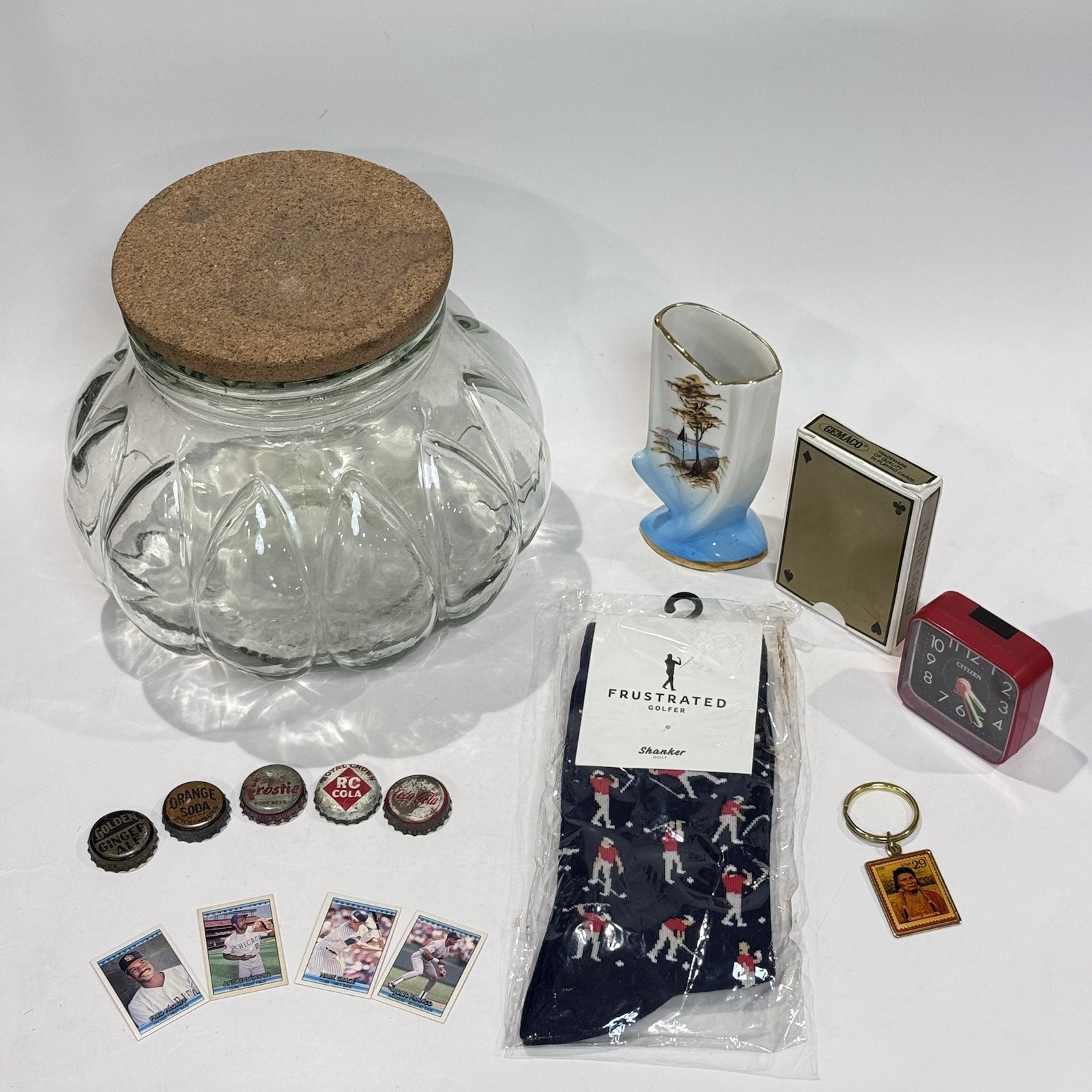 Vintage Curated Lot in Glass Jar w Cork Lid Cards Cracker Jack Bottle Caps Socks