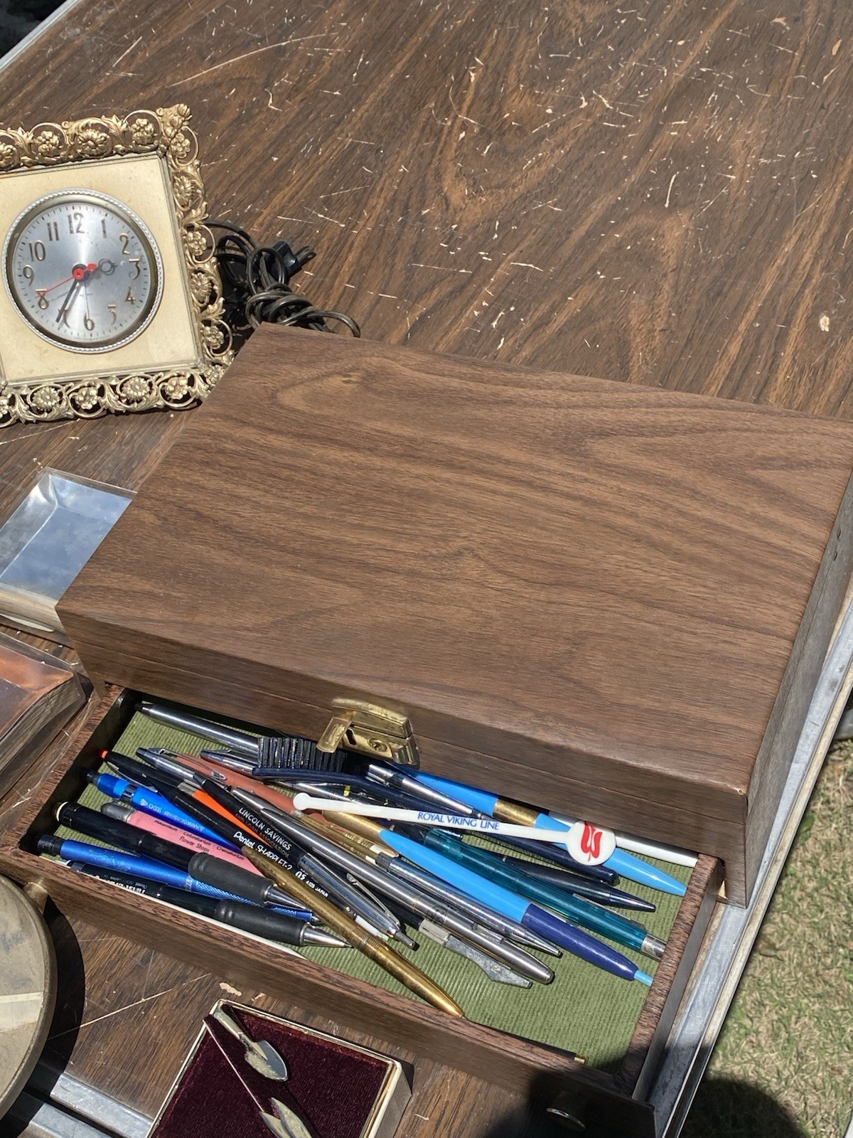 Vintage junk drawer lot jewelry Valet Box Pins Pens Sunglasses Clock estate sale