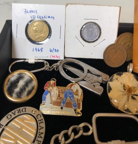Junk Drawer Lot estate coins keychains pins box keys brass belt buckle stamps