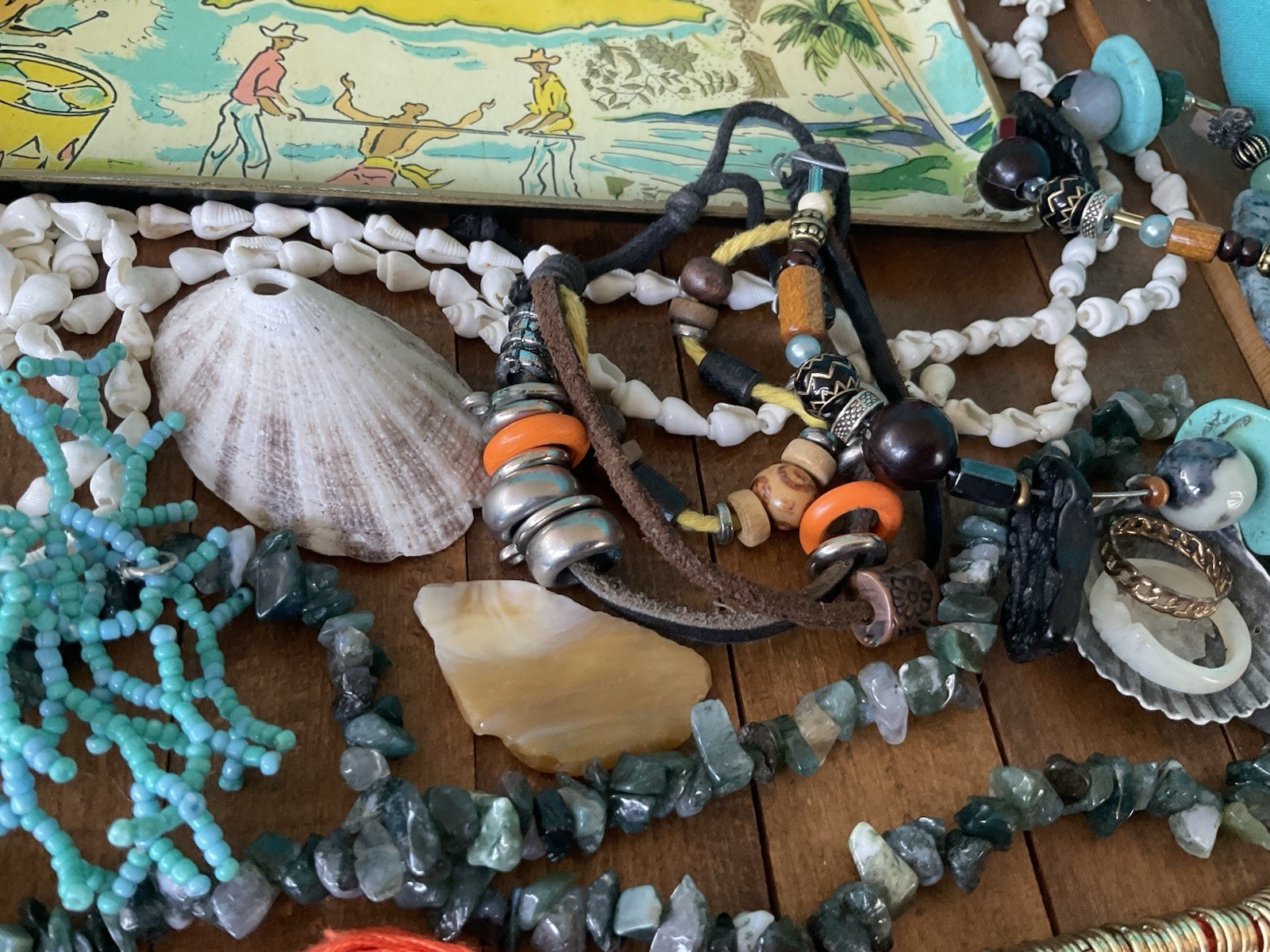 Vintage junk drawer LOT Island Caribbean Souvenirs Jewelry Doll stones coins