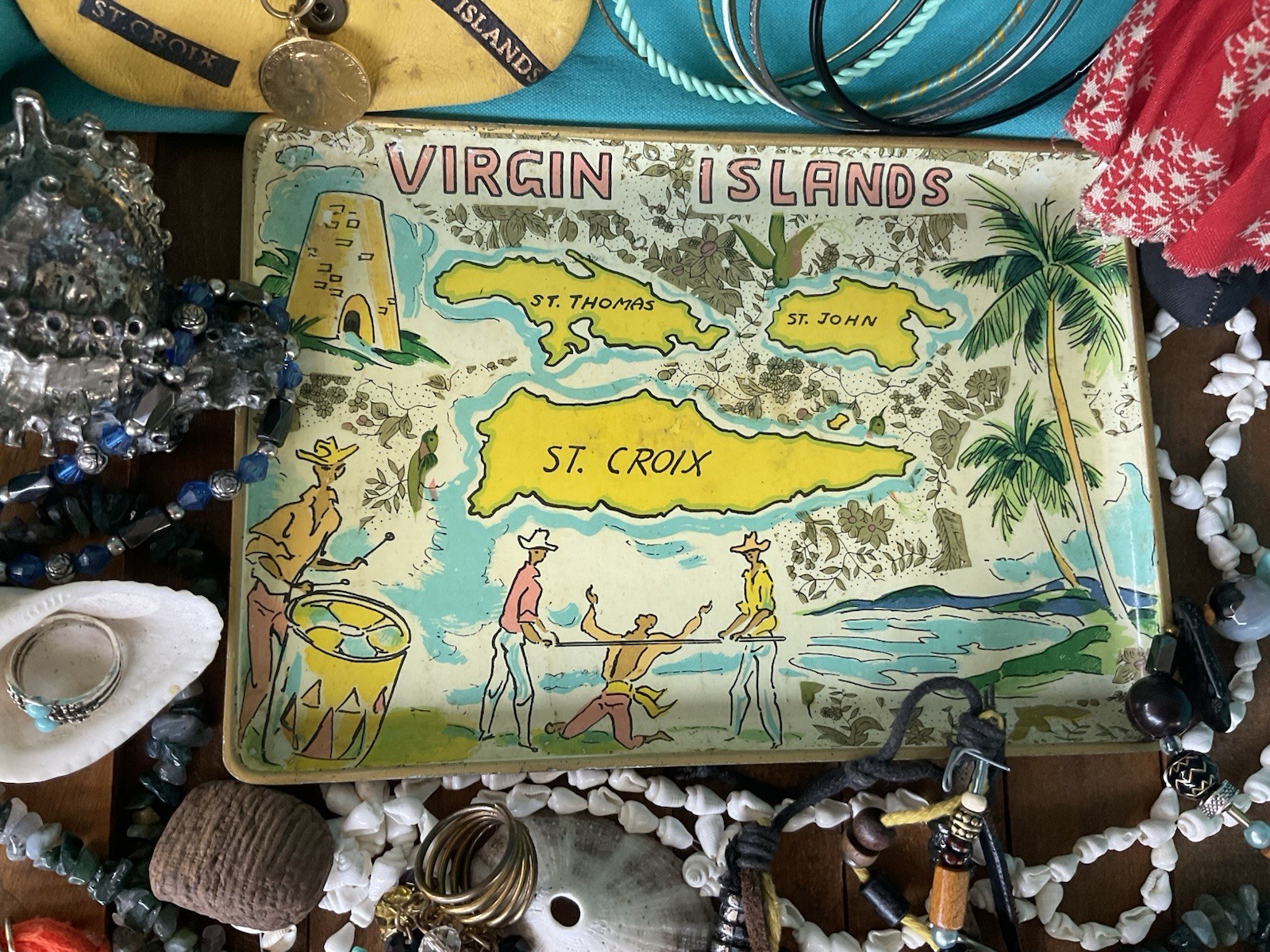Vintage junk drawer LOT Island Caribbean Souvenirs Jewelry Doll stones coins