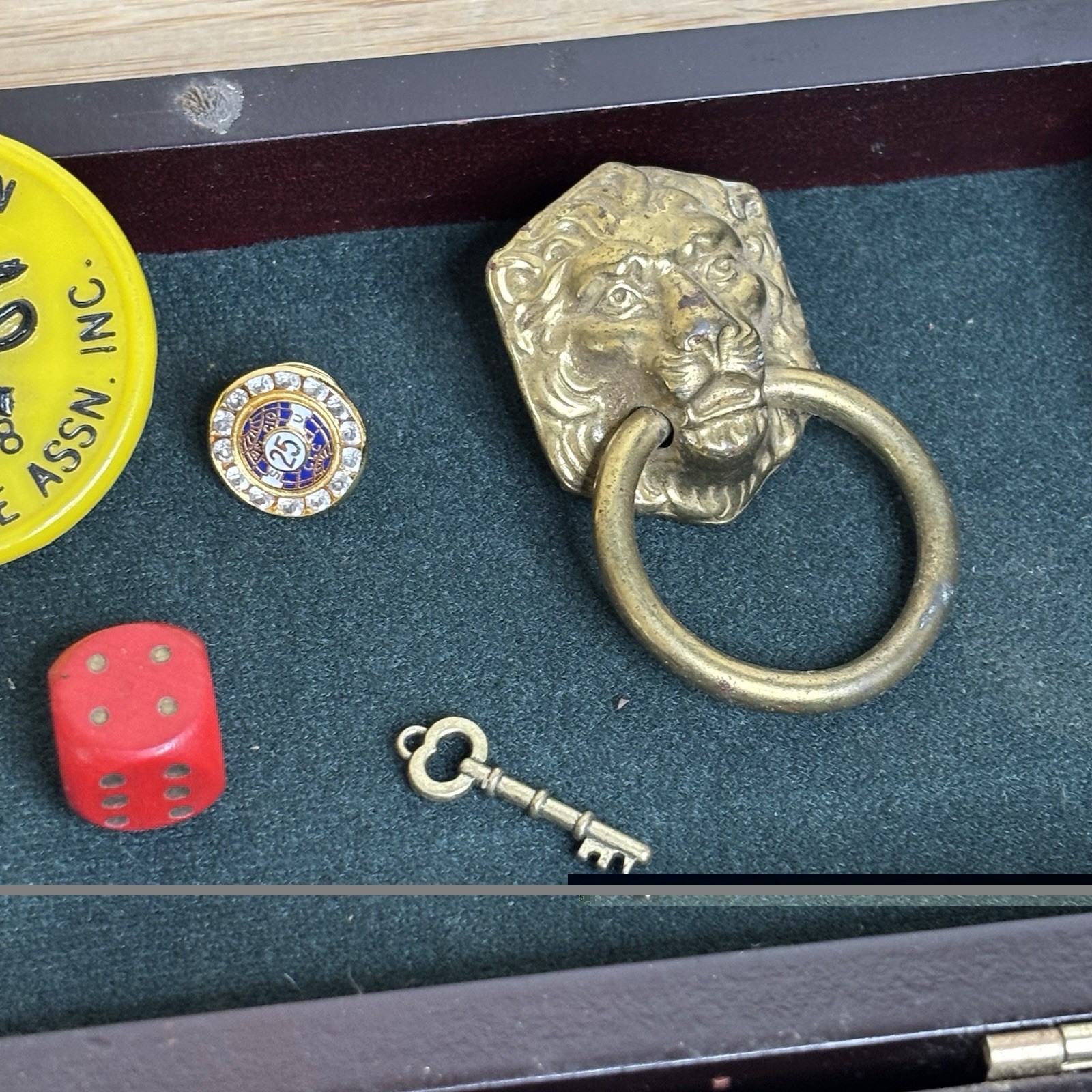 Vintage Junk Drawer Lot – Retail Clerks Union Pins Religious Key Dice Thimble