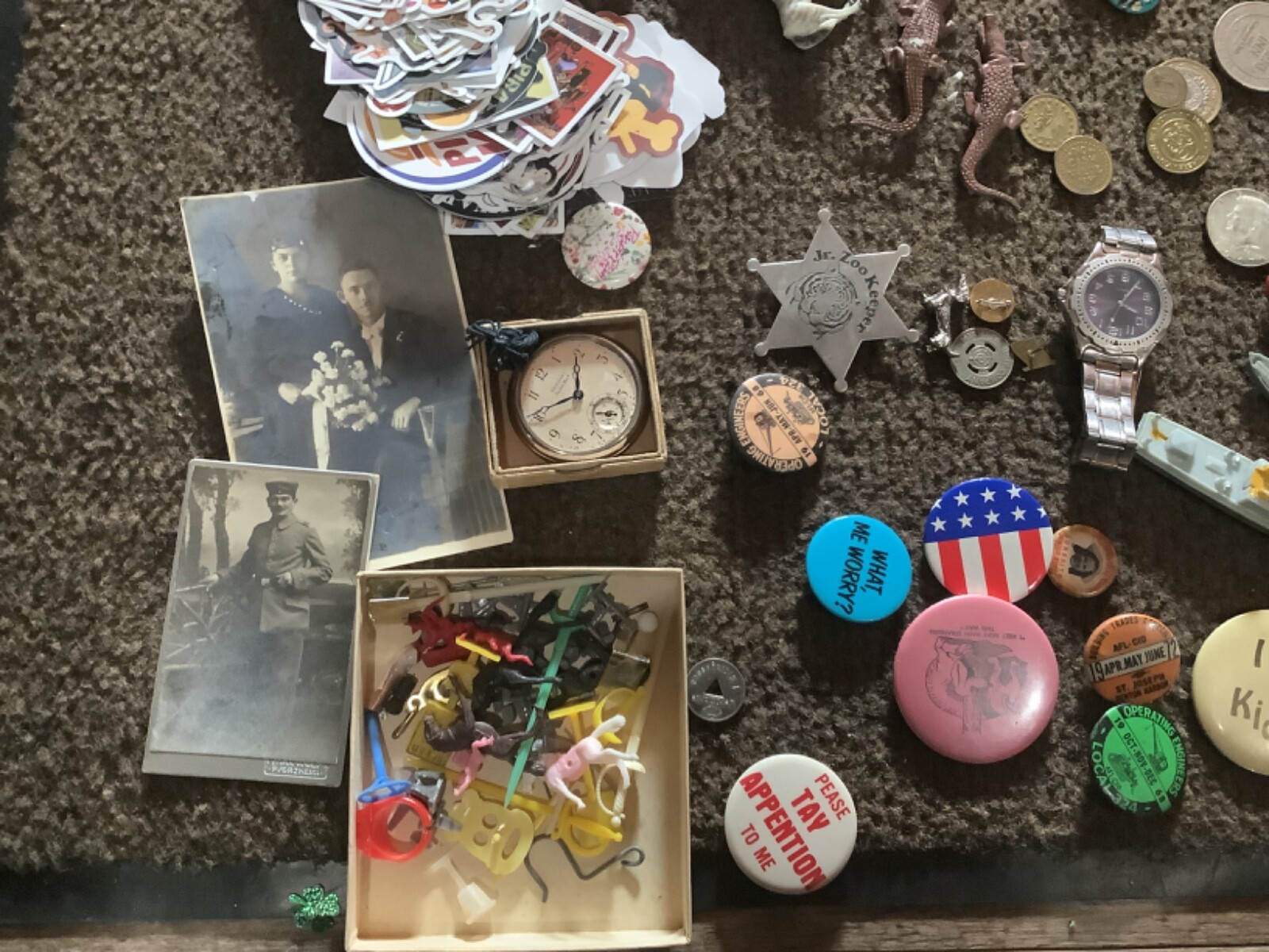 Vintage 0s junk drawer dime toys silver coin pins coins zippo knifes jewelry etc
