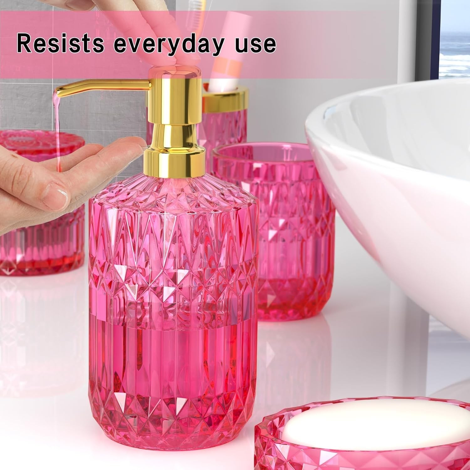 Hot-Pink Glass Bathroom Accessories Set 5 Pcs, Hot-Pink Bathroom Set, Soap …..
