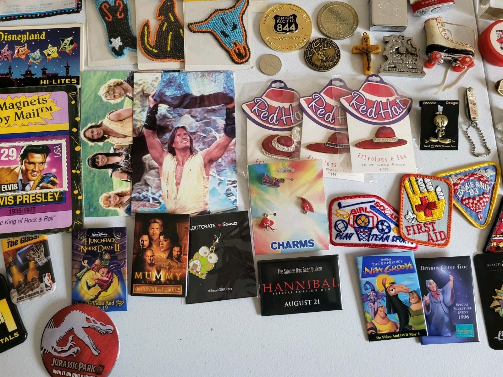 Vintage Mixed Junk Drawer Lot Estate Sale Find Pins Patches Jewelry Disney