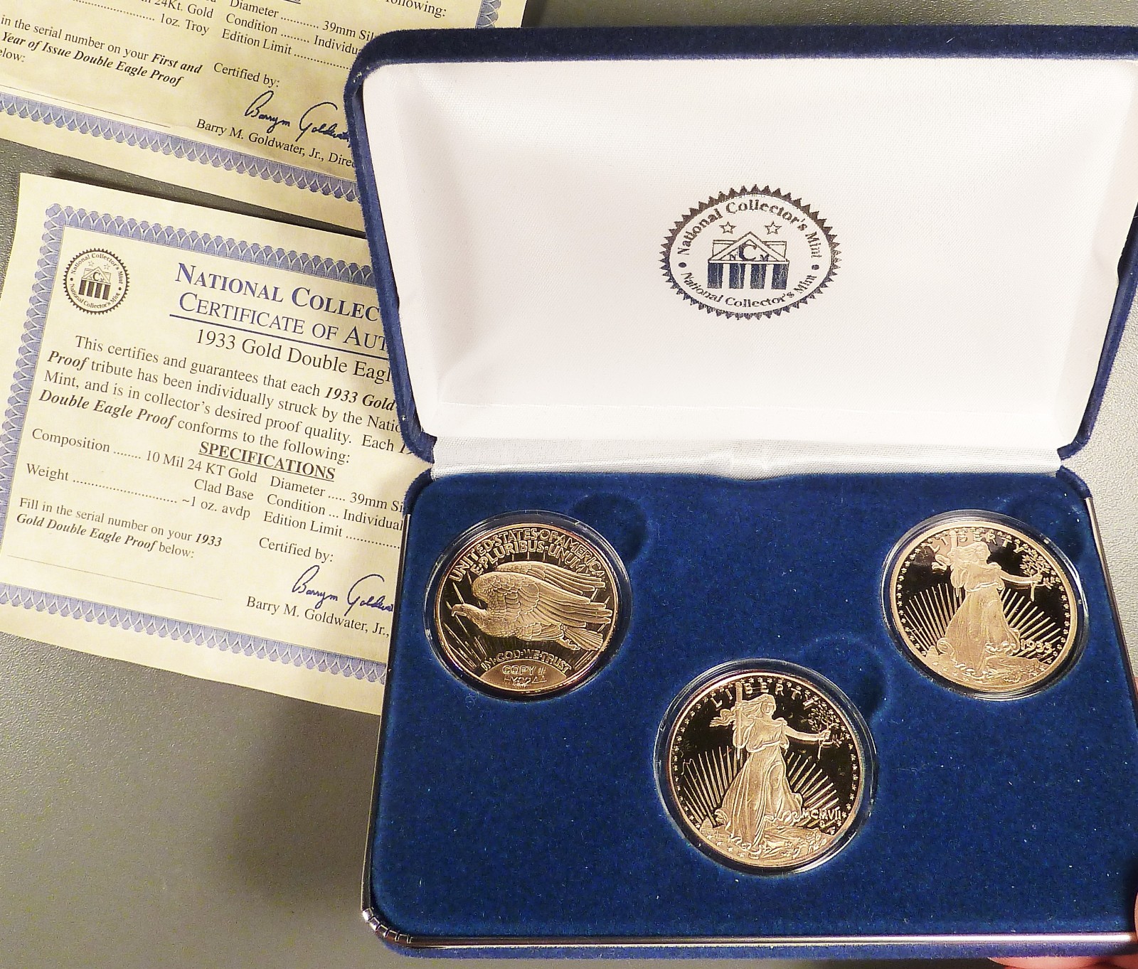 $20 Double Eagle Proof Set, 3 pc’s with 2 oz’s .999 Silver, 24K Gold Overlay.