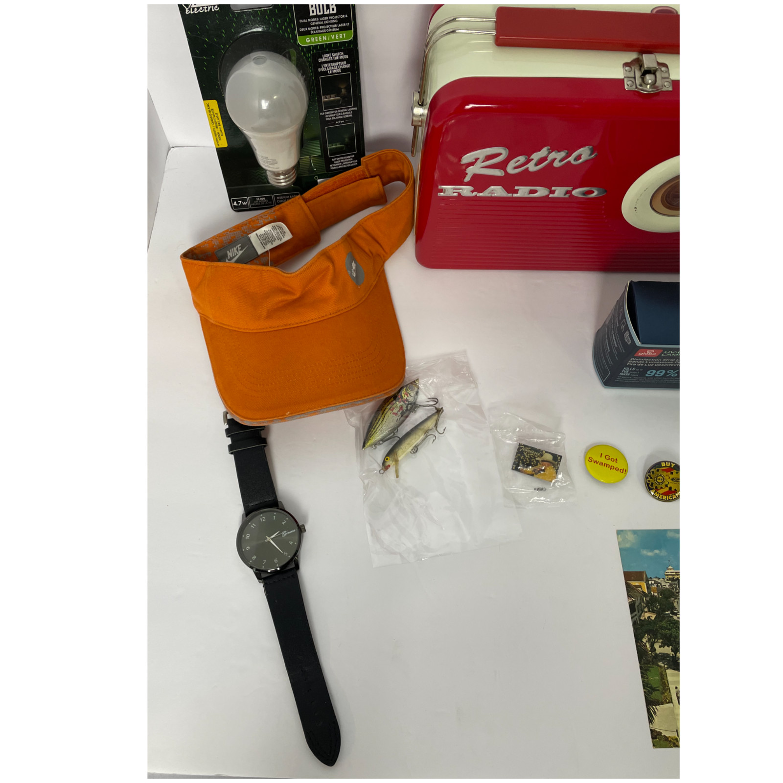 Vintage Collectible Junk Drawer Lot Retro Radio Lunch Box Nike Visor Pins Lures