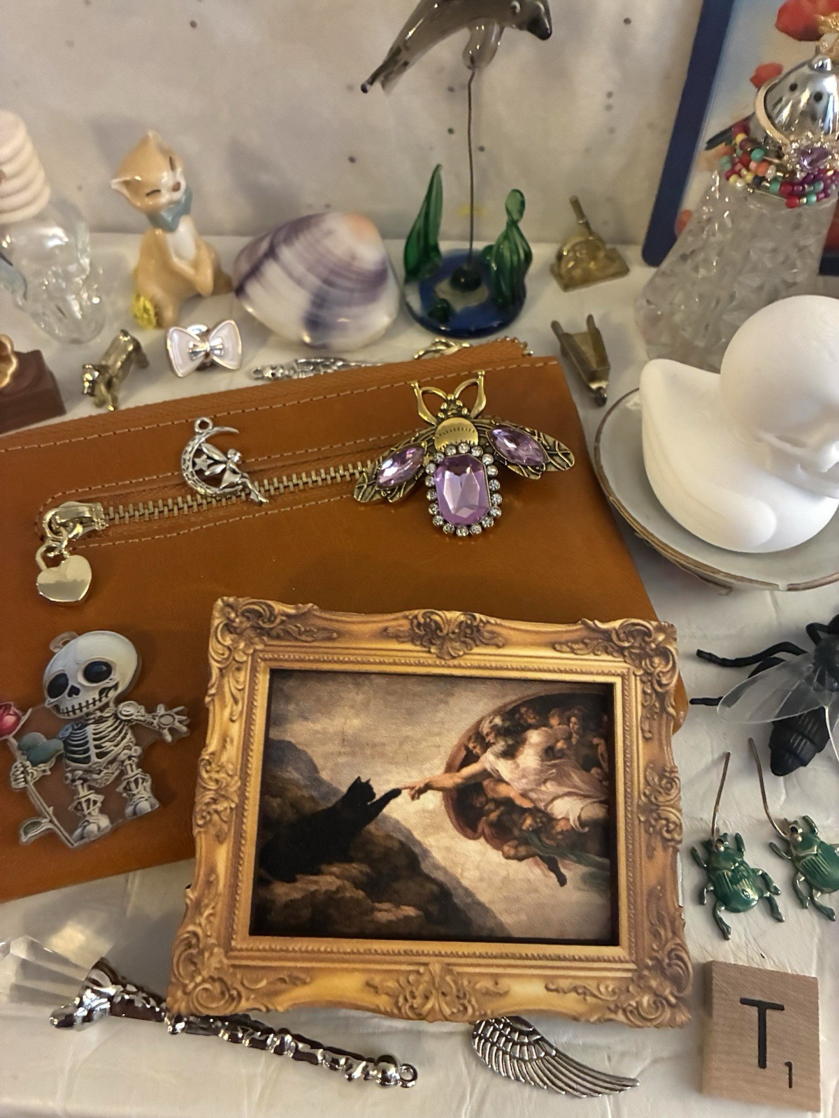 Vtg Now Michelangelo Cat Painting Goth Skull Wallet Charms Junk Drawer Art Lot