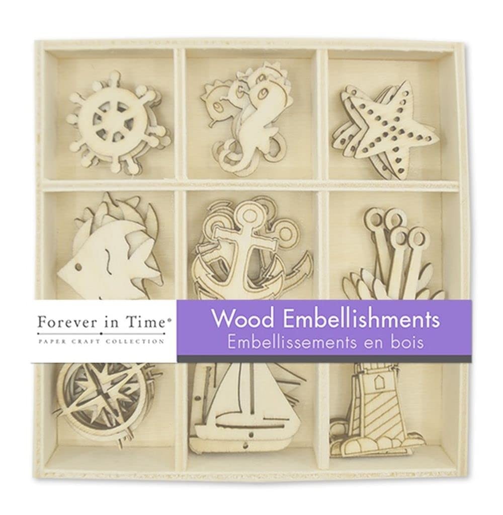 Mini Laser Cut Wood Nautical Shapes Set, 45 Pieces, 1″ Assorted Designs