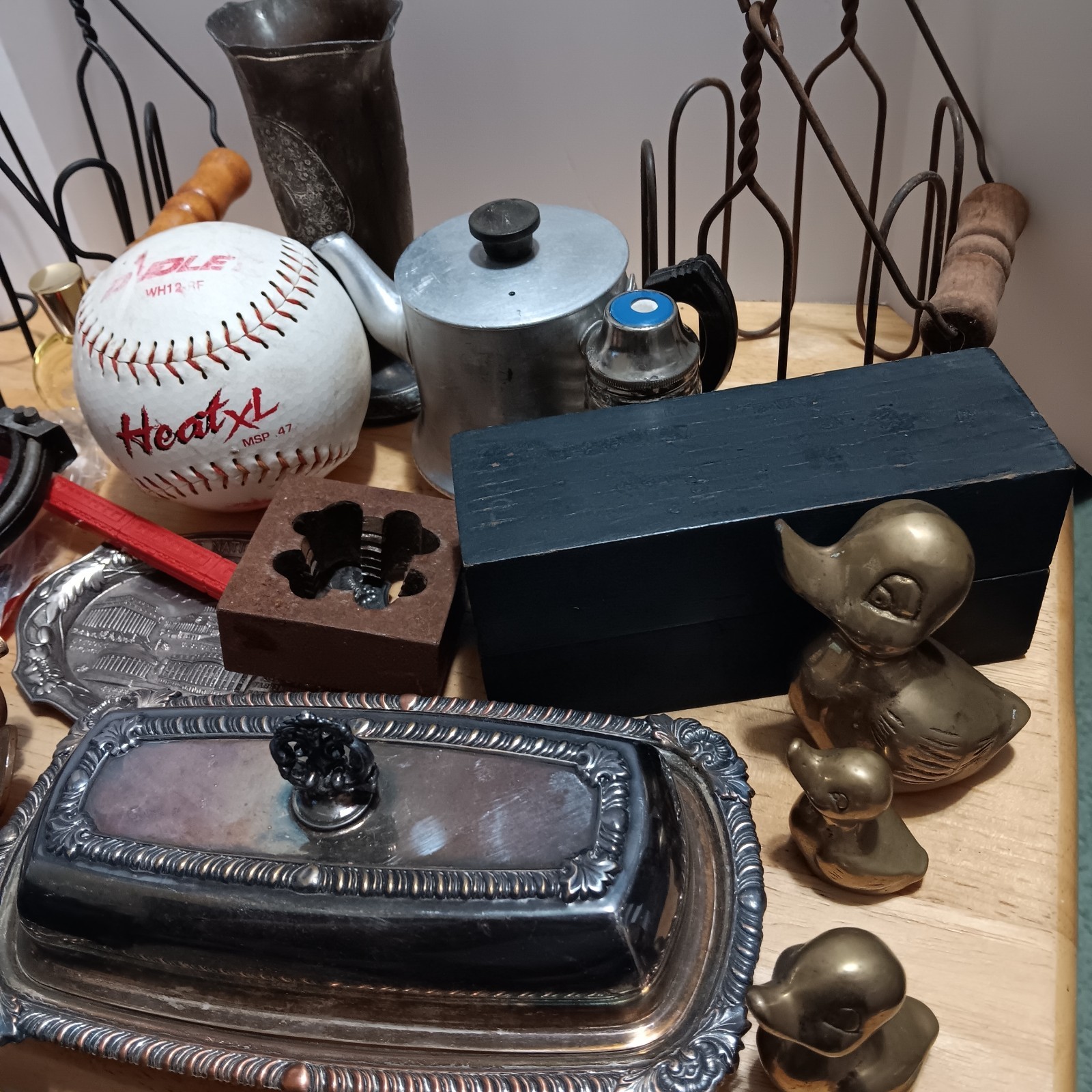 Vintage Estate Lot Mixed Collectibles, Box Stamp Set Coin Ashtray Brass Ducks