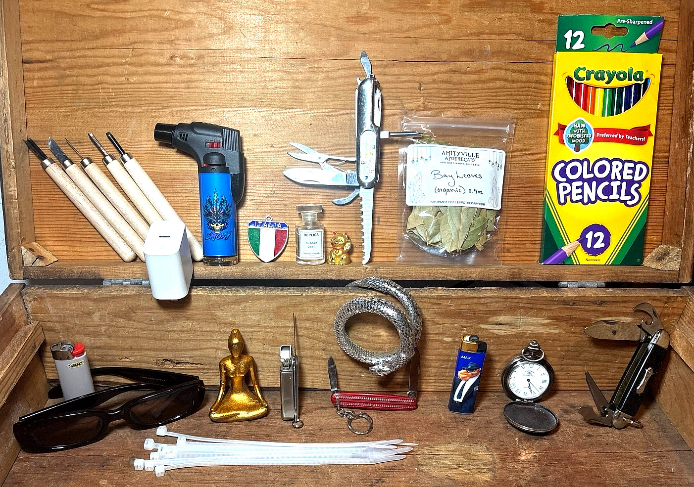Vintage Junk Drawer Mixed Lot Lighters Knives Tools Watch Sunglasses etc. L096