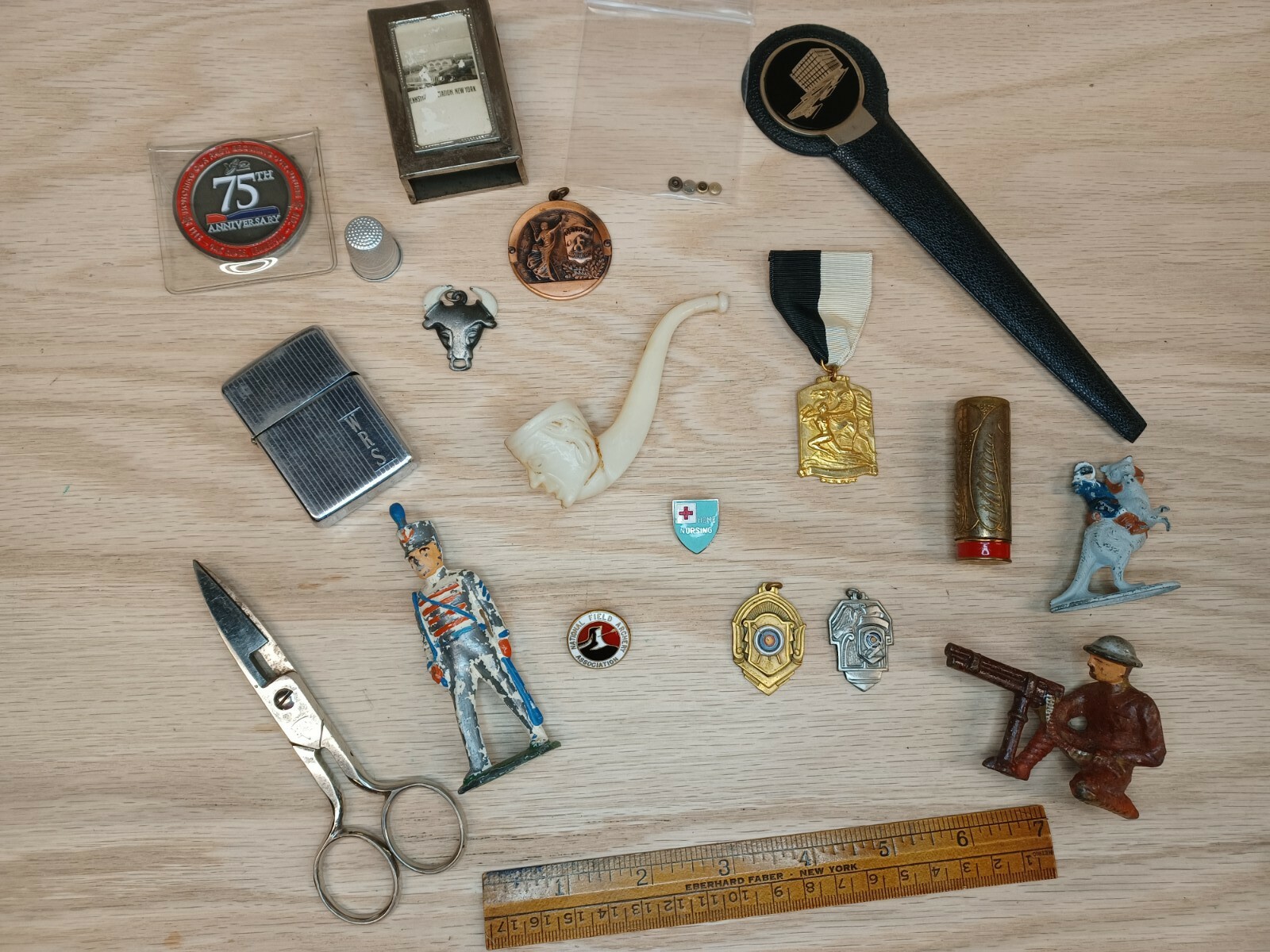 Vintage Junk Drawer Lot Toys Awards Scissors Zippo Pipe